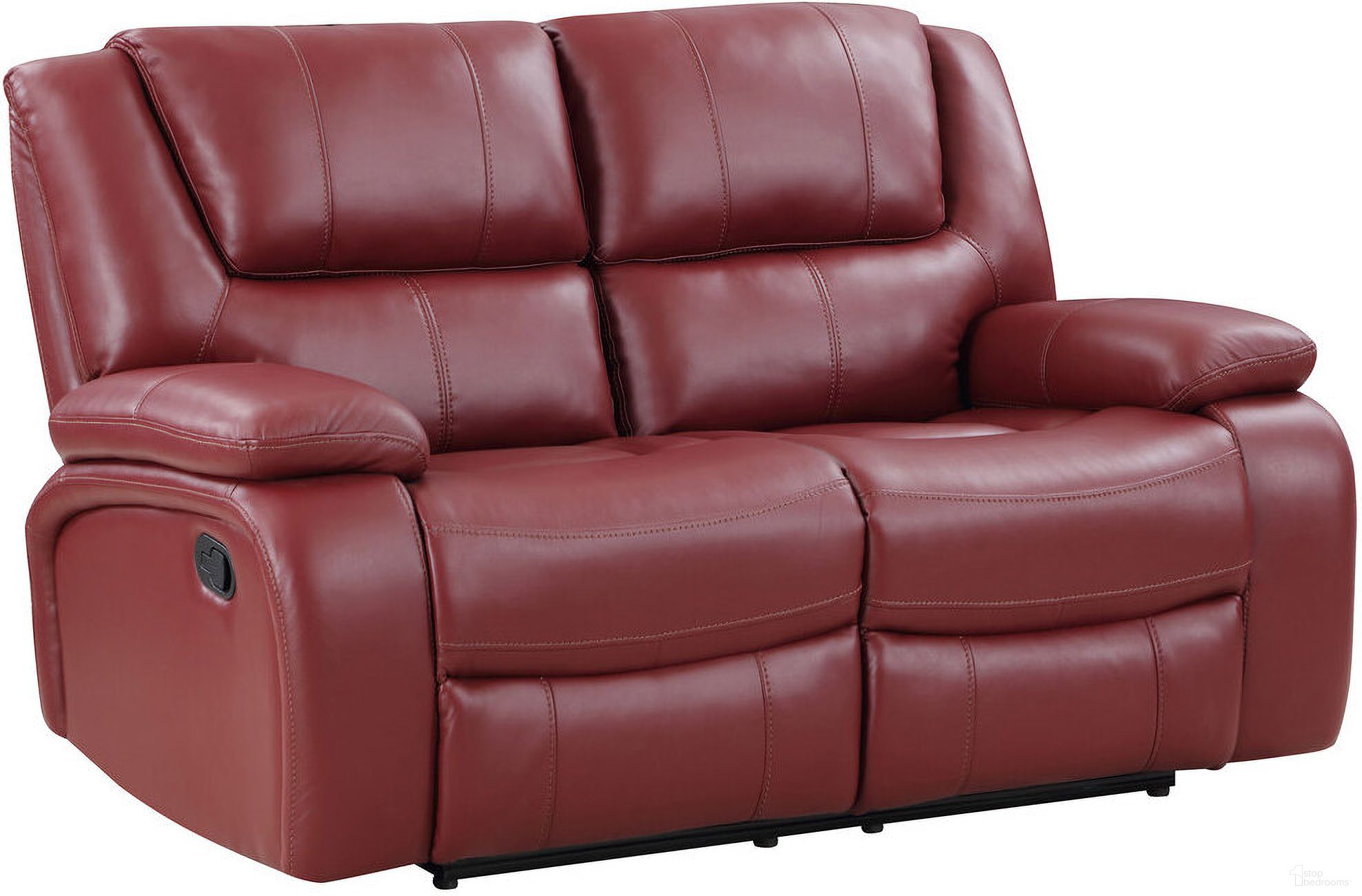 The appearance of Camila Upholstered Motion Reclining Loveseat Red Faux Leather designed by Coaster in the transitional interior design. This red piece of furniture was selected by 1StopBedrooms from Camila Collection to add a touch of cosiness and style into your home. Sku: 610242. Material: Faux Leather.
