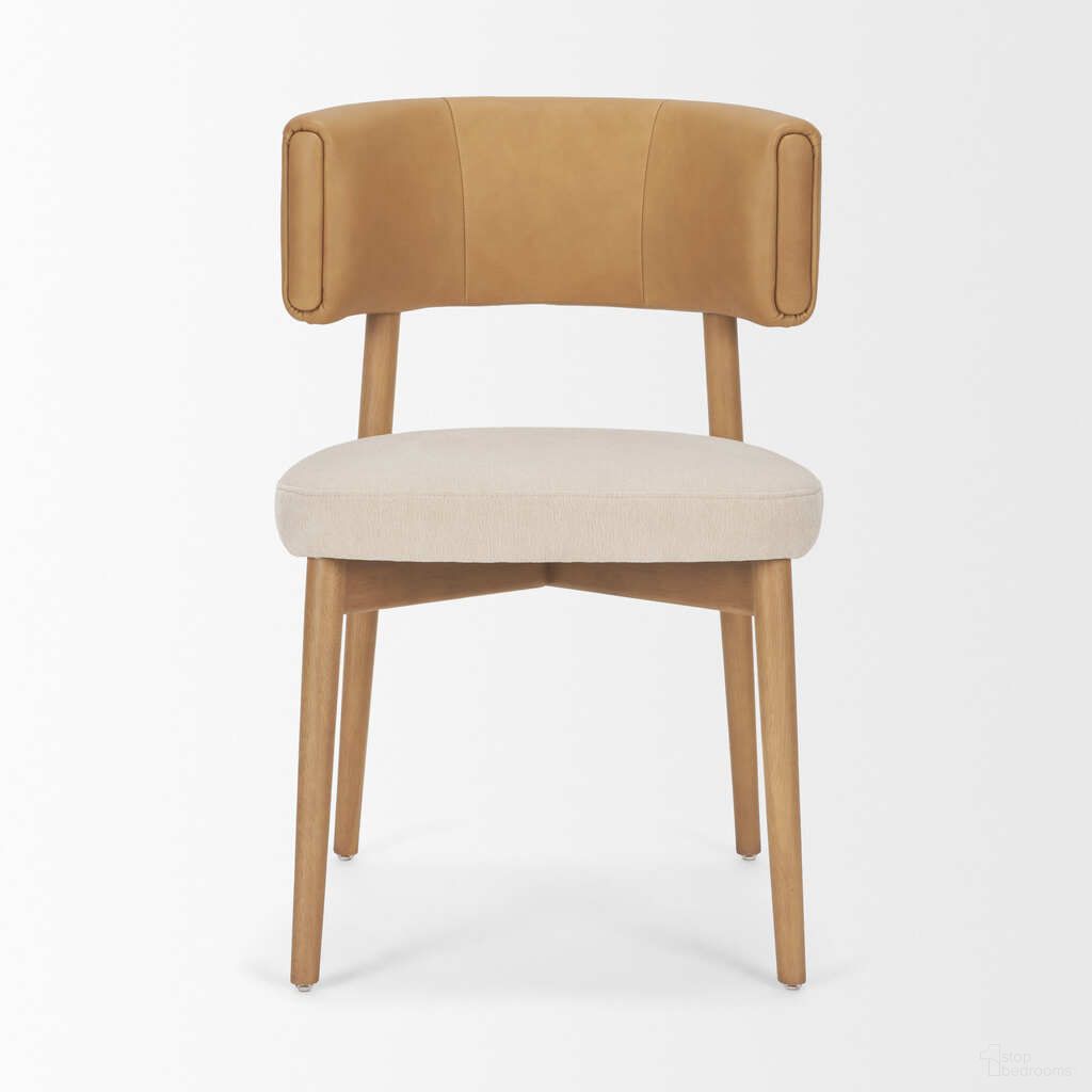 The appearance of Motley Curved Open Back Dining Chair  Set Of 2 with Fabric and Leather In Cream and Tan designed by Mercana in the traditional interior design. This tan and cream piece of furniture  was selected by 1StopBedrooms from Motley Collection to add a touch of cosiness and style into your home. Sku: 71261. Material: Polyester. Chair Type: Side Chair.