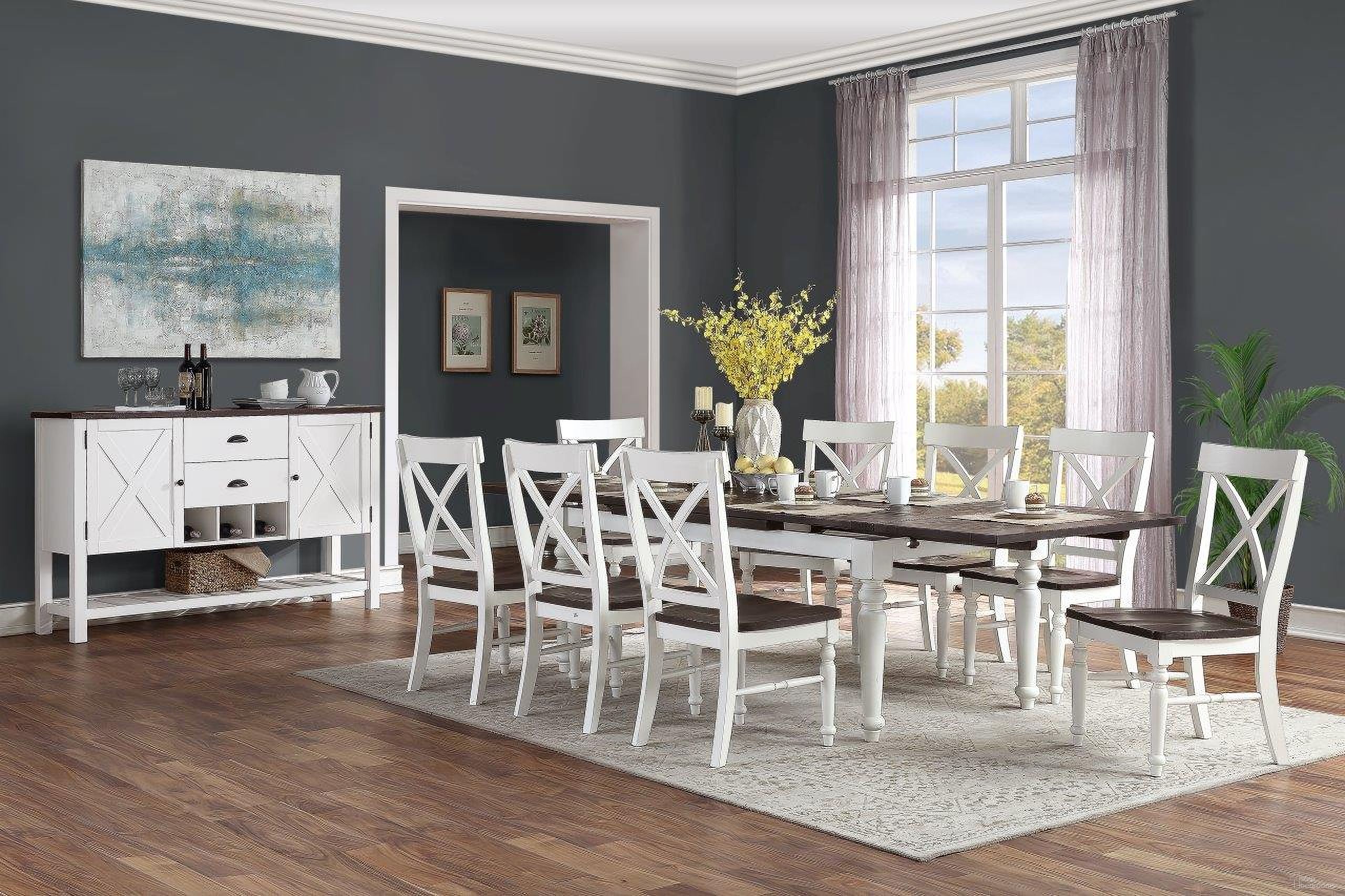 The appearance of Mountain Retreat Dining Room Set In Dark Mocha And Antique White designed by Emerald Home Furnishings in the country / farmhouse interior design. This antique white piece of furniture was selected by 1StopBedrooms from Mountain Retreat Collection to add a touch of cosiness and style into your home. Sku: D601-10-09;D601-20-09. Material: Wood. Table Top Shape: Rectangular. Size: 40" x 115".