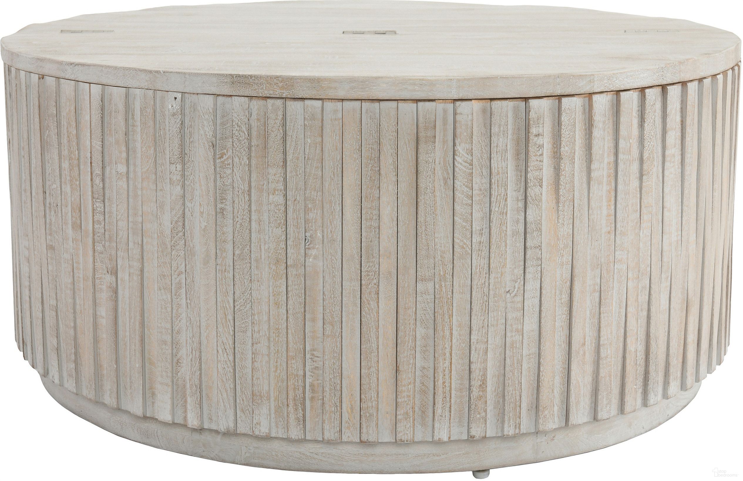 The appearance of Mrytle 40 Inch Round Coffee Table In Gray Wash designed by Classic Home in the transitional interior design. This gray wash piece of furniture  was selected by 1StopBedrooms from Mrytle Collection to add a touch of cosiness and style into your home. Sku: 51011258. Material: Mango Wood.