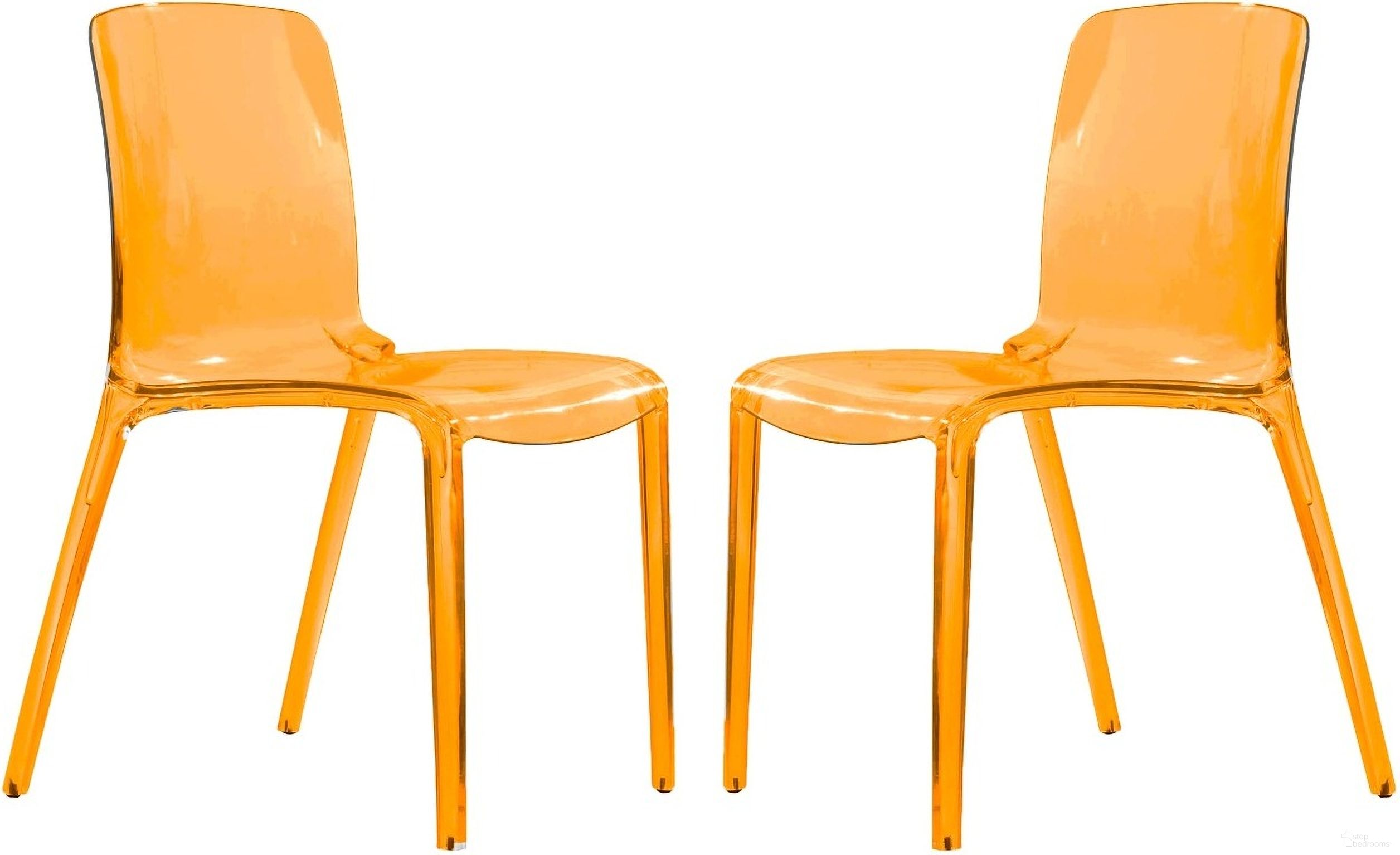The appearance of Murray Dining Chair Set of 2 In Transparent Orange designed by LeisureMod in the modern / contemporary interior design. This orange piece of furniture  was selected by 1StopBedrooms from Murray Collection to add a touch of cosiness and style into your home. Sku: MC20TOR2. Material: Plastic. Chair Type: Side Chair.