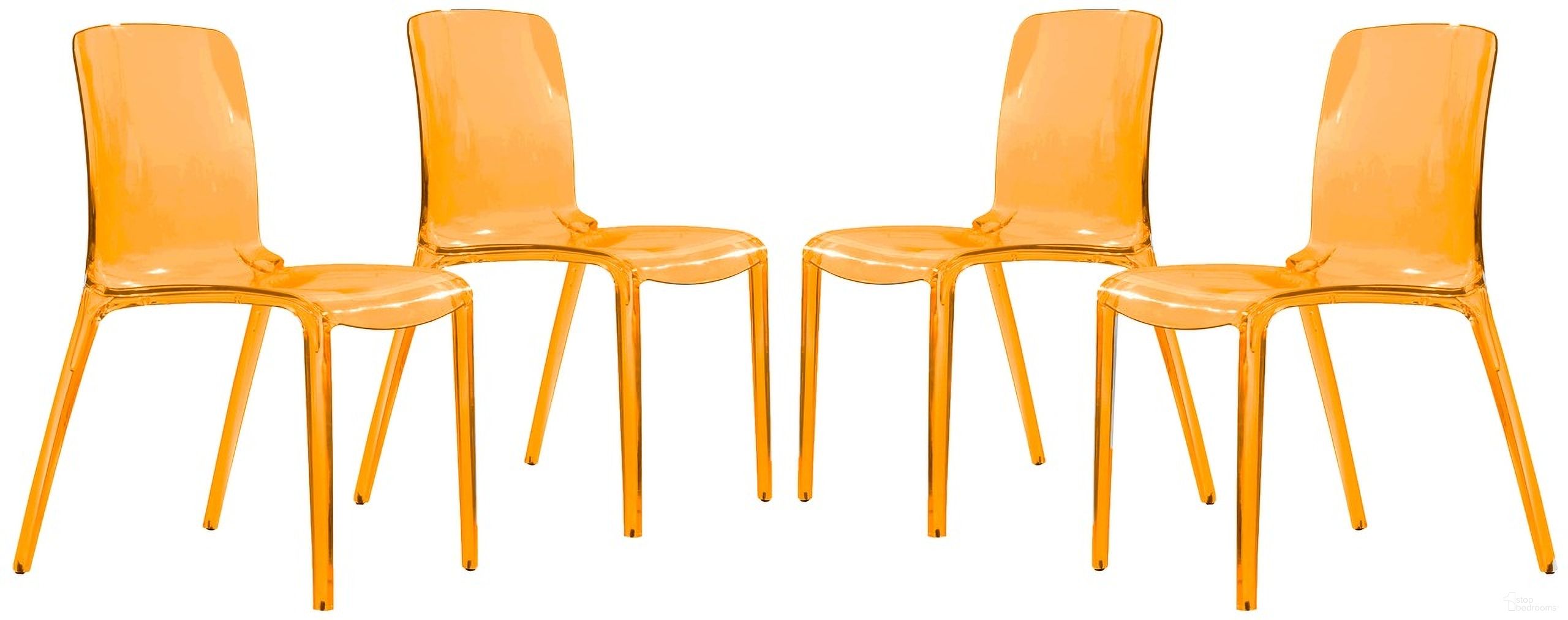 The appearance of Murray Dining Chair Set of 4 In Transparent Orange designed by LeisureMod in the modern / contemporary interior design. This orange piece of furniture  was selected by 1StopBedrooms from Murray Collection to add a touch of cosiness and style into your home. Sku: MC20TOR4. Material: Plastic. Chair Type: Side Chair.