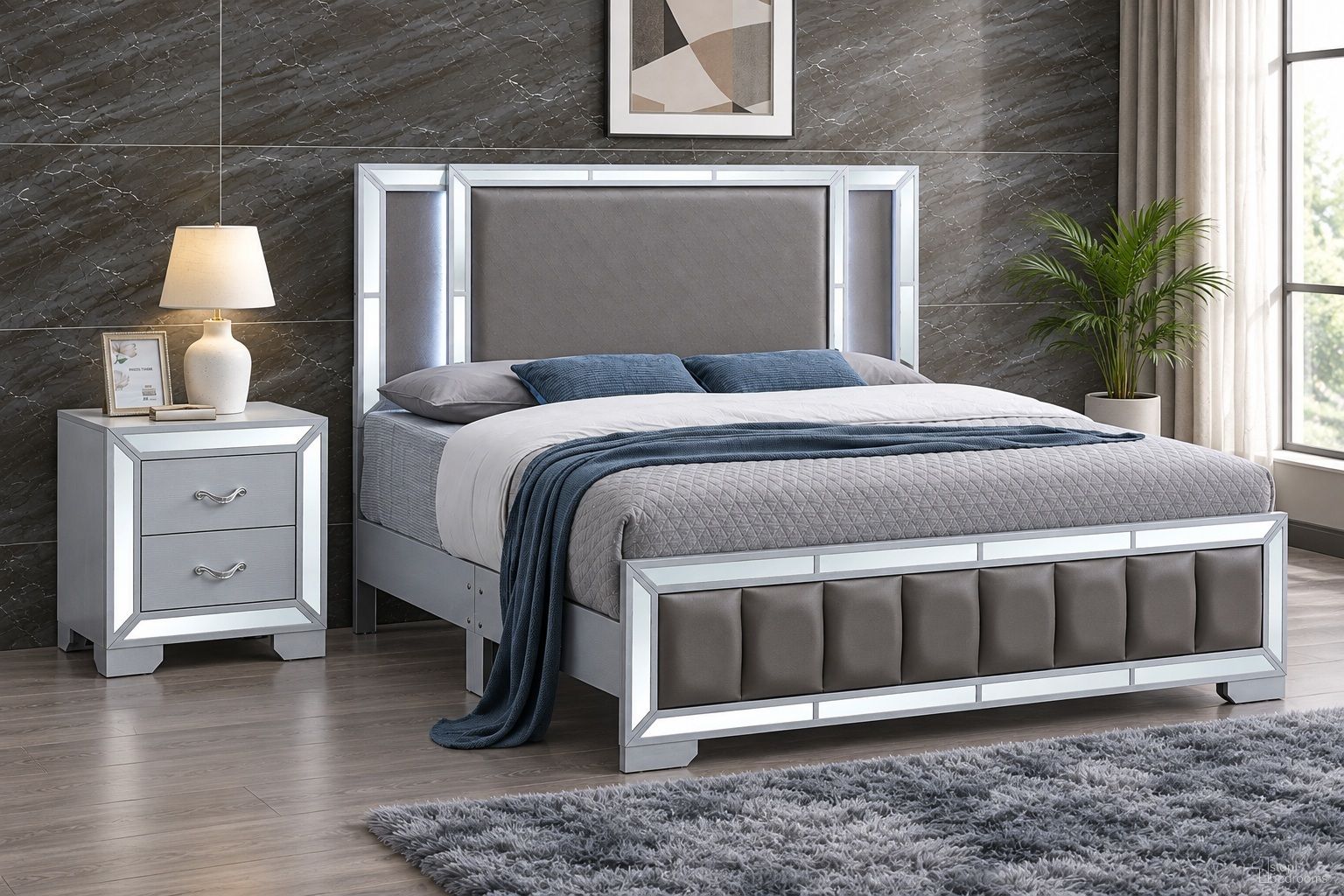 Murry LED Upholstered Panel Bedroom Set in Silver
