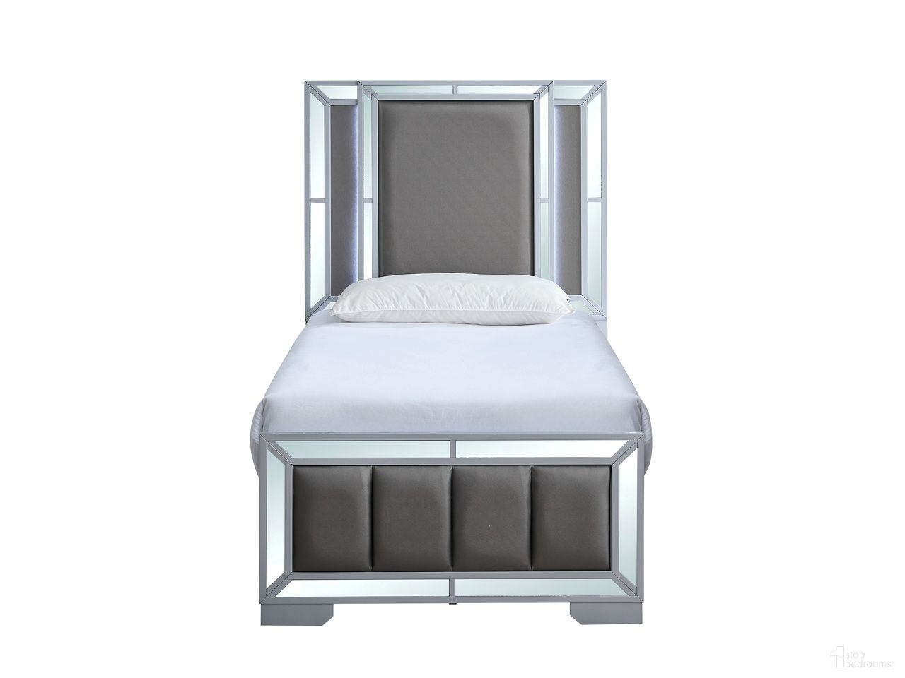 The appearance of Murry LED Upholstered Panel Twin Bed in Silver designed by Glory in the modern / contemporary interior design. This silver piece of furniture  was selected by 1StopBedrooms from Murry Collection to add a touch of cosiness and style into your home. Sku: G004800A-TB Box 1;G004800A-TB Box 2. Bed Type: Panel Bed. Material: Upholstered. Bed Size: Twin.
