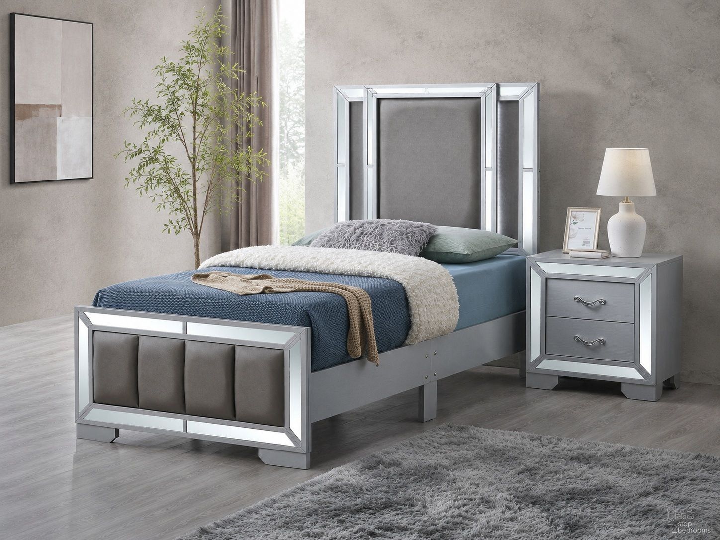 Murry Youth LED Upholstered Panel Bedroom Set in Silver