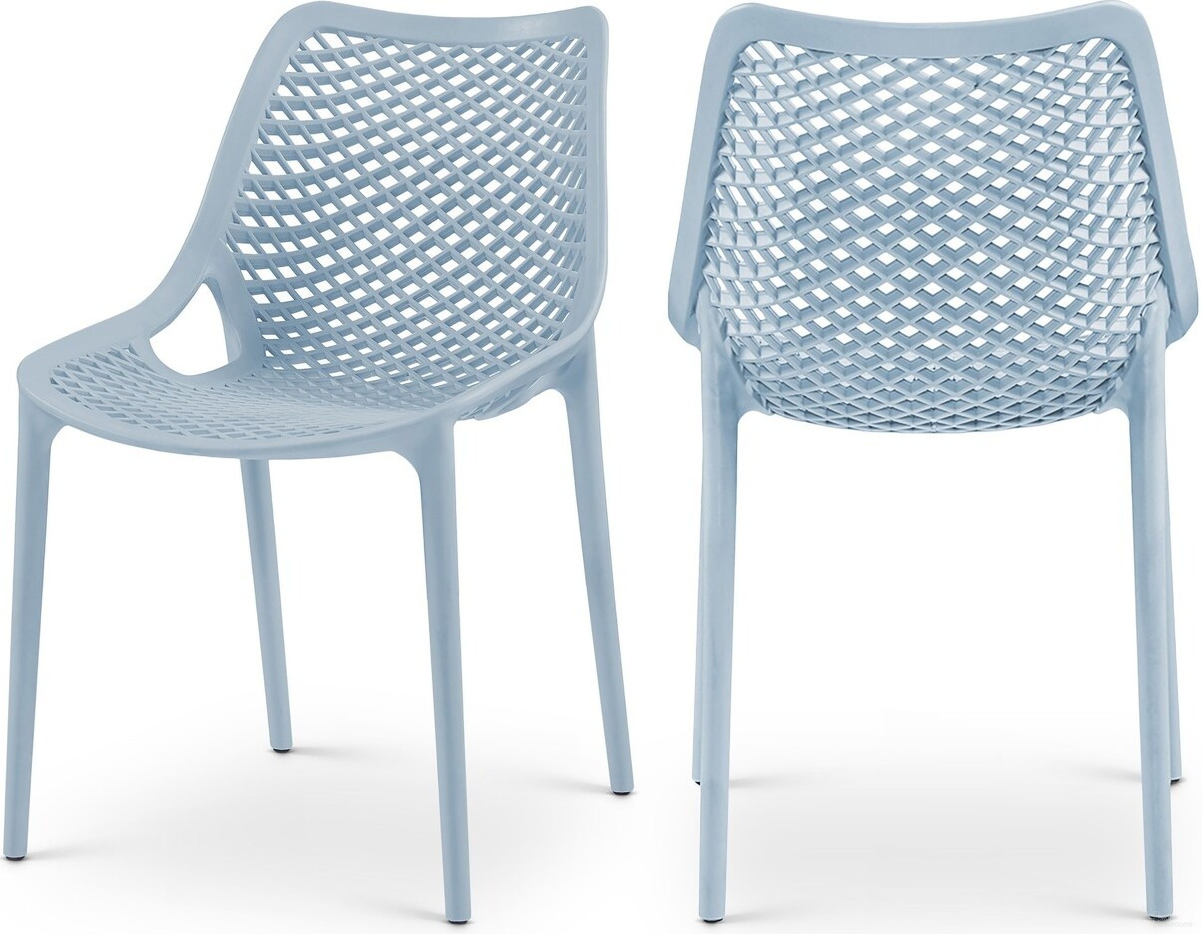 The appearance of Mykonos Outdoor Patio Dining Side Chair Set of 4 In Sky Blue designed by Meridian in the modern / contemporary interior design. This sky blue piece of furniture  was selected by 1StopBedrooms from Mykonos Collection to add a touch of cosiness and style into your home. Sku: 328SkyBlue. Material: Polypropylene.