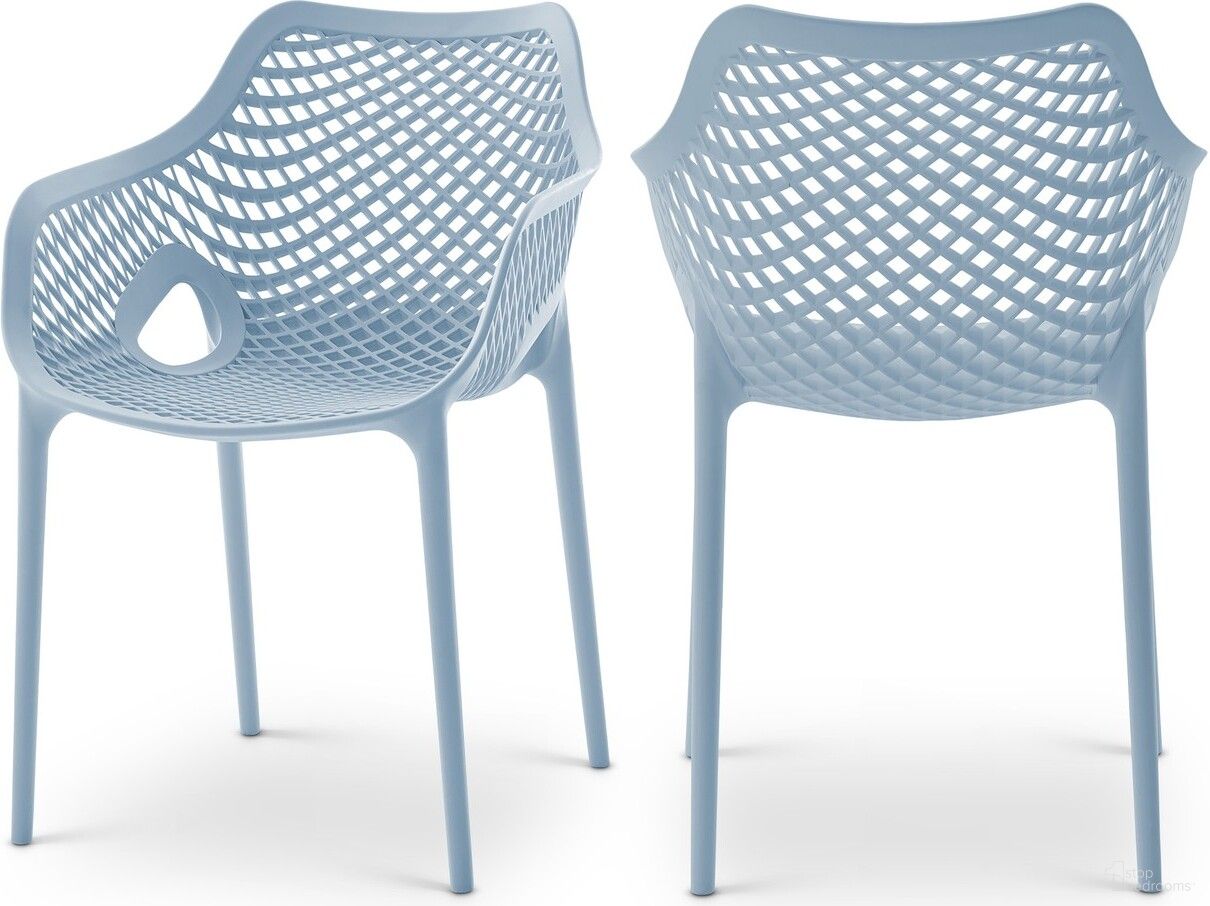 The appearance of Mykonos Outdoor Patio Dining Arm Chair Set of 4 In Sky Blue designed by Meridian in the modern / contemporary interior design. This sky blue piece of furniture  was selected by 1StopBedrooms from Mykonos Collection to add a touch of cosiness and style into your home. Sku: 329SkyBlue. Material: Polypropylene.