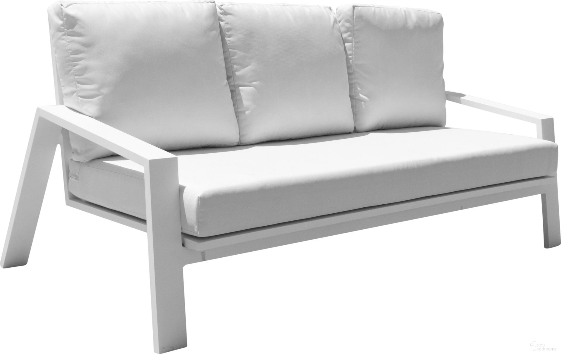 The appearance of Mykonos Sofa In White designed by Pelican Reef in the modern / contemporary interior design. This white piece of furniture  was selected by 1StopBedrooms from Mykonos Collection to add a touch of cosiness and style into your home. Sku: PJO-2401-WHT-S. Material: Aluminum.