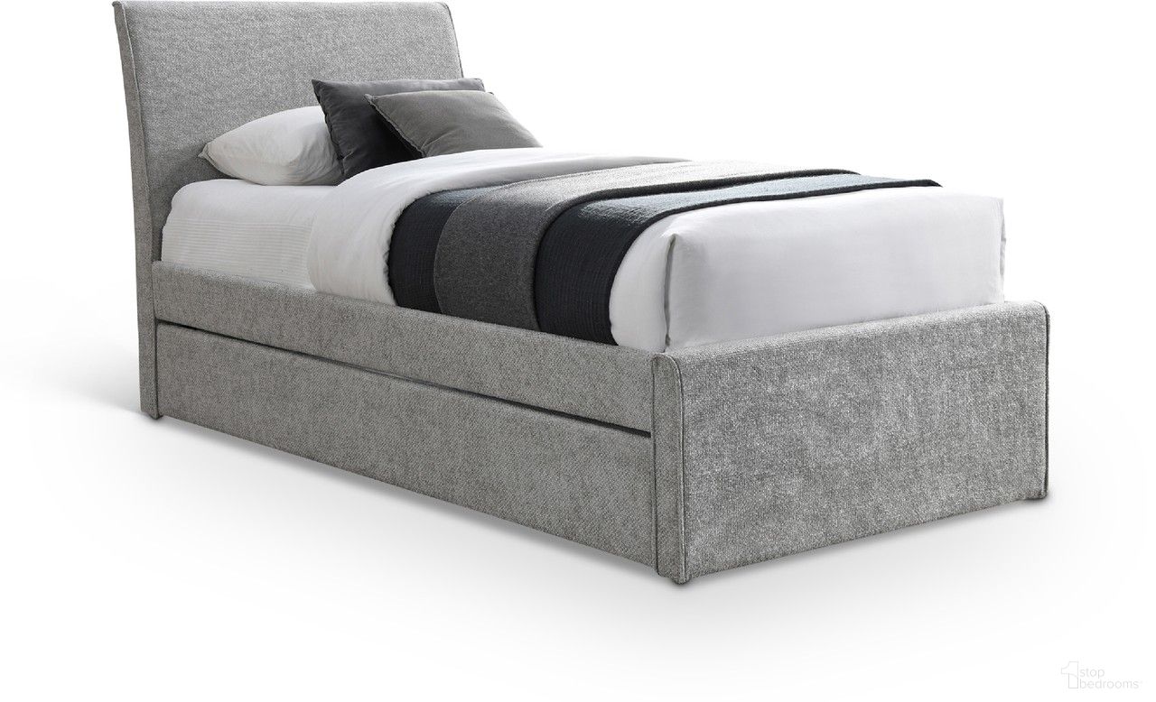 The appearance of Myles Chenille Fabric Twin Trundle Bed In Grey designed by Meridian in the modern / contemporary interior design. This grey piece of furniture  was selected by 1StopBedrooms from Myles Collection to add a touch of cosiness and style into your home. Sku: B1262Grey-T Box 1/2 (Headboard / Footboard / Slats);B1262Grey-T Box 2/2 (Rails / Trundle Panel). Bed Size: Twin. Material: Rubberwood. Bed Type: Trundle Bed.