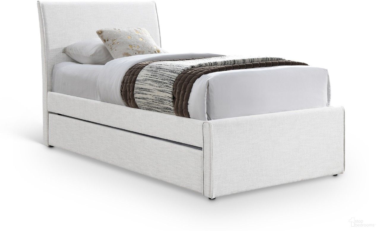 The appearance of Myles Linen Textured Fabric Twin Trundle Bed In Cream designed by Meridian in the modern / contemporary interior design. This cream piece of furniture was selected by 1StopBedrooms from Myles Collection to add a touch of cosiness and style into your home. Sku: B1261Cream-T Box 1/2 (Headboard / Footboard / Slats);B1261Cream-T Box 2/2 (Rails / Trundle Panel). Bed Size: Twin. Material: Rubberwood. Bed Type: Trundle Bed.
