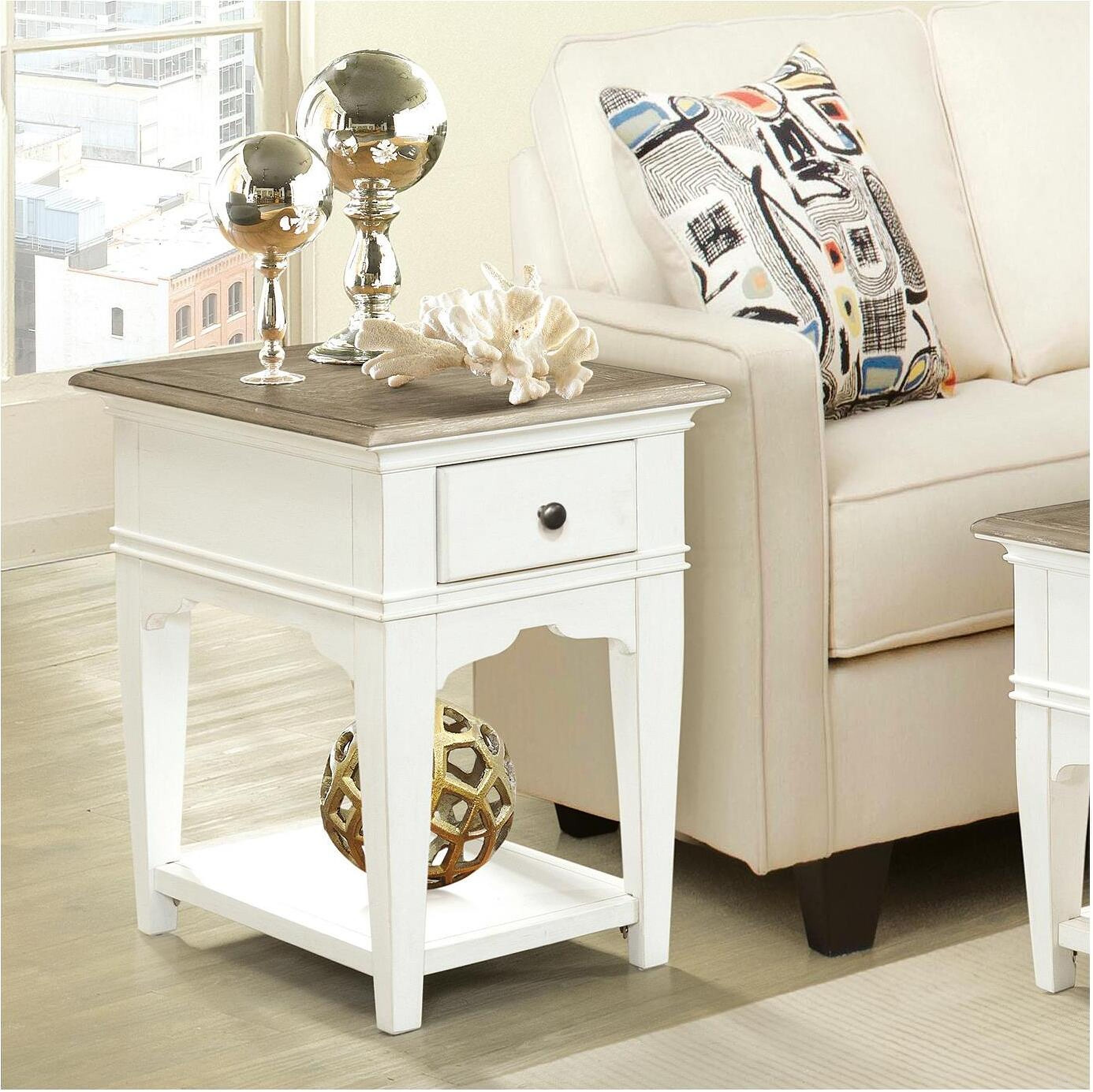 The appearance of Myra Natural And Paperwhite Chairside Table designed by Riverside Furniture in the transitional interior design. This white and brown piece of furniture was selected by 1StopBedrooms from Myra Collection to add a touch of cosiness and style into your home. Sku: 59513. Material: Wood.