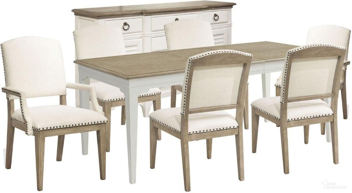 The appearance of Myra Natural And Paperwhite Rectangular Extendable Leg Dining Room Set designed by Riverside Furniture in the transitional interior design. This white and brown piece of furniture was selected by 1StopBedrooms from Myra Collection to add a touch of cosiness and style into your home. Sku: 59553;59452. Table Base Style: Legs. Material: Polyester. Table Top Shape: Rectangular. Size: 37" x 32".