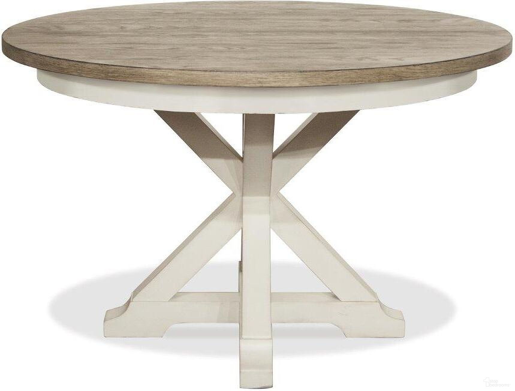 The appearance of Myra Natural and Paperwhite Round Extendable Dining Table designed by Riverside Furniture in the transitional interior design. This white and brown piece of furniture  was selected by 1StopBedrooms from Myra Collection to add a touch of cosiness and style into your home. Sku: 59550;59357. Table Base Style: Pedestal. Table Top Shape: Round. Size: 48".