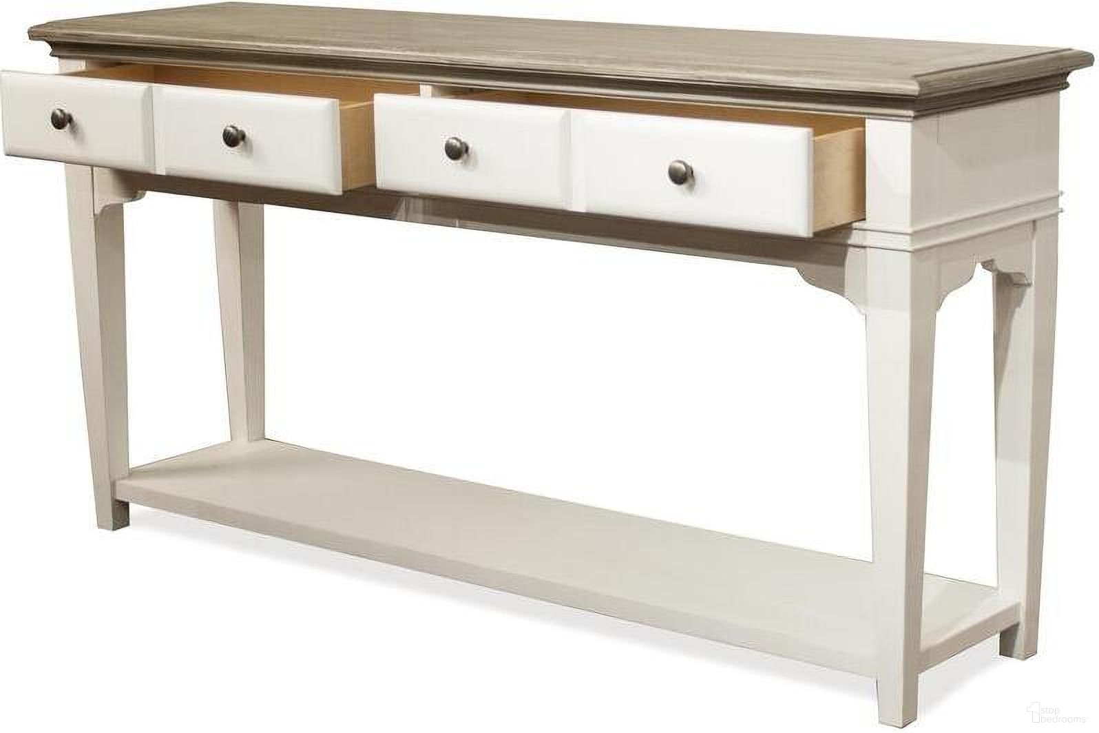 The appearance of Myra Sofa Table In White and Natural designed by Riverside Furniture in the country / farmhouse interior design. This white and natural piece of furniture  was selected by 1StopBedrooms from Myra Collection to add a touch of cosiness and style into your home. Sku: 59514. Material: Wood.