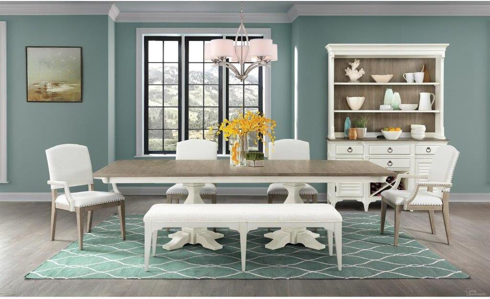 The appearance of Myra Paperwhite Upholstered Dining Bench designed by Riverside Furniture in the transitional interior design. This white piece of furniture  was selected by 1StopBedrooms from Myra Collection to add a touch of cosiness and style into your home. Sku: 59359. Material: Polyester.