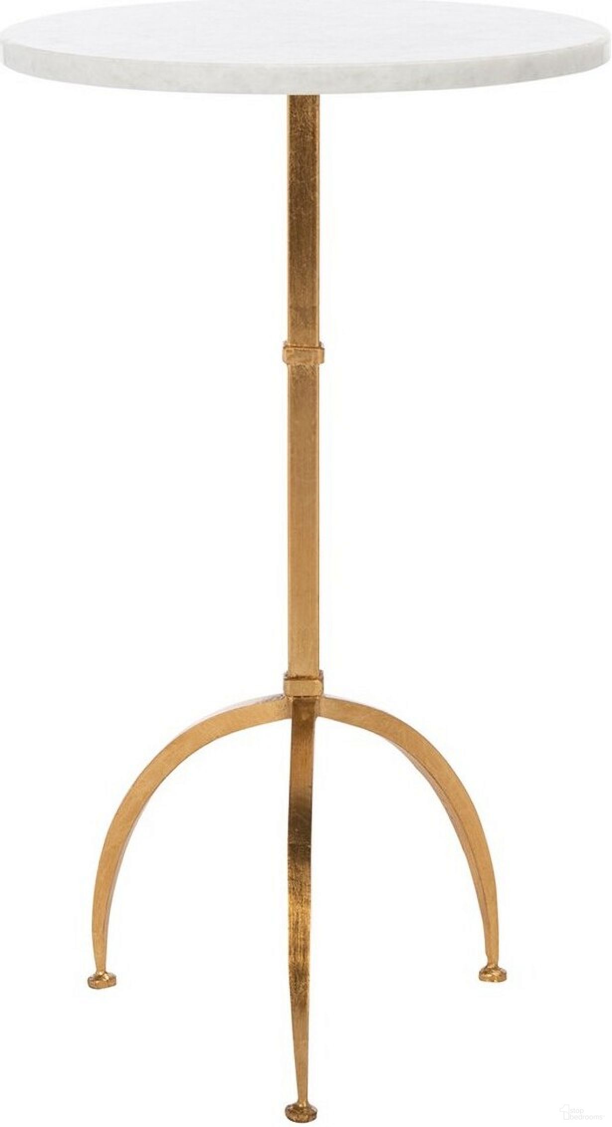The appearance of Myrna White and Gold Round Top Gold Leaf Accent Table designed by Safavieh in the modern / contemporary interior design. This gold and white piece of furniture  was selected by 1StopBedrooms from Safavieh FOX Collection to add a touch of cosiness and style into your home. Sku: FOX2516A. Material: Iron.