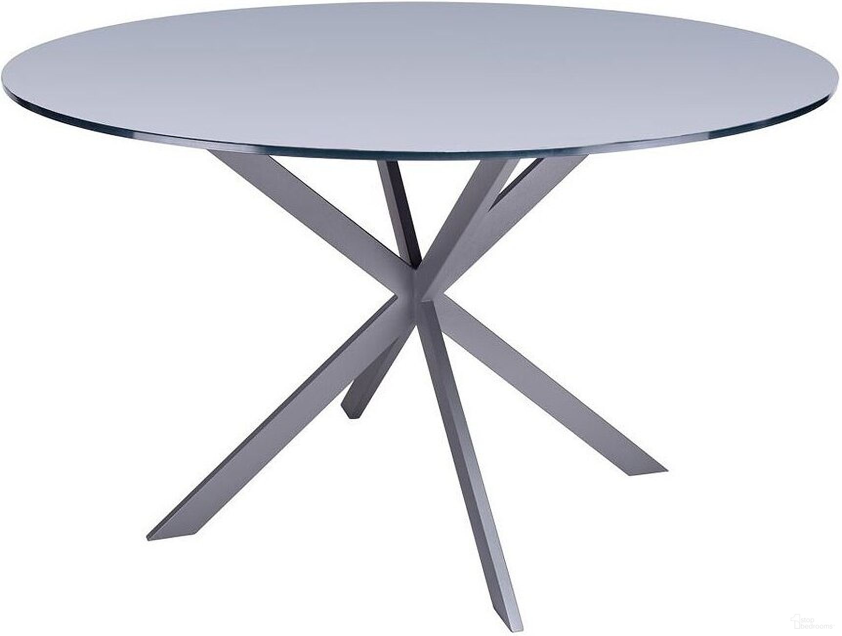The appearance of Mystere Grey Powder Coated Round Dining Table designed by Armen Living in the modern / contemporary interior design. This gray piece of furniture  was selected by 1StopBedrooms from Mystere Collection to add a touch of cosiness and style into your home. Sku: LCMYDITOGREY (TOP);LCMYDIBAGREY (BASE). Table Base Style: Legs. Table Top Shape: Round. Material: Stainless Steel. Size: 48".