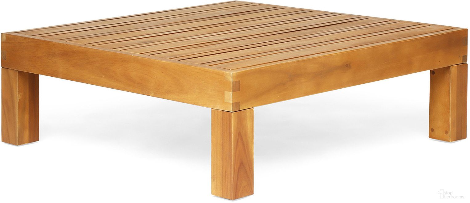 The appearance of Mythical 29.5 Inch Square Outdoor Coffee Table with Acacia Wood Frame and Slat Top In Teak designed by Noble House in the country / farmhouse interior design. This teak piece of furniture was selected by 1StopBedrooms from Mythical Collection to add a touch of cosiness and style into your home. Sku: 64496.00. Table Top Shape: Square. Material: Acacia Wood.