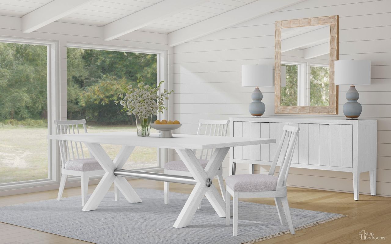 The appearance of Nadine Rectangle Dining Set In Bright White Oak and Brushed Nickel designed by Bassett Mirror Company in the coastal interior design. This white and brushed nickel piece of furniture  was selected by 1StopBedrooms from Nadine Collection to add a touch of cosiness and style into your home. Sku: 9436-DR-600;9436-DR-800-2. Table Base Style: Trestle. Table Top Shape: Rectangular. Size: 84" x 42". Material: Solid Wood.
