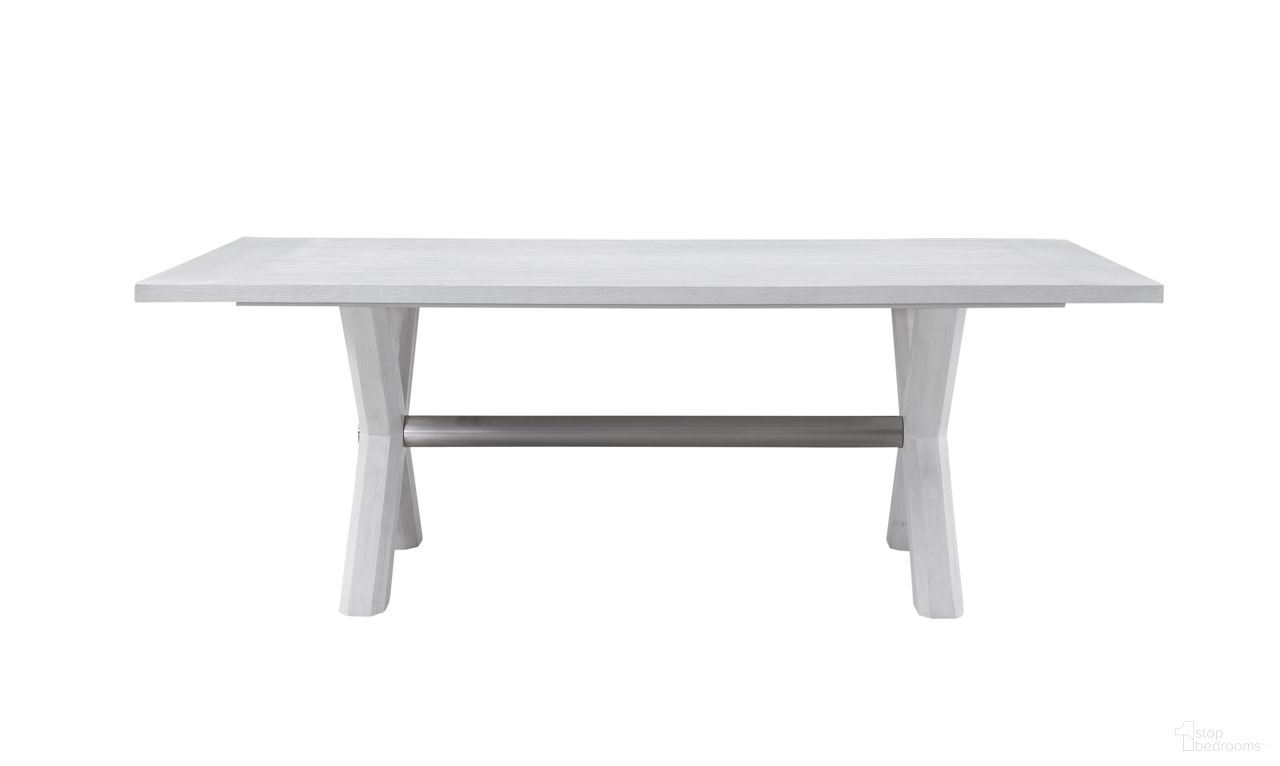 The appearance of Nadine Rectangle Dining Table In Bright White Oak and Brushed Nickel designed by Bassett Mirror Company in the coastal interior design. This white and brushed nickel piece of furniture was selected by 1StopBedrooms from Nadine Collection to add a touch of cosiness and style into your home. Sku: 9436-DR-600. Table Base Style: Trestle. Table Top Shape: Rectangular. Size: 84" x 42". Material: Solid Wood.
