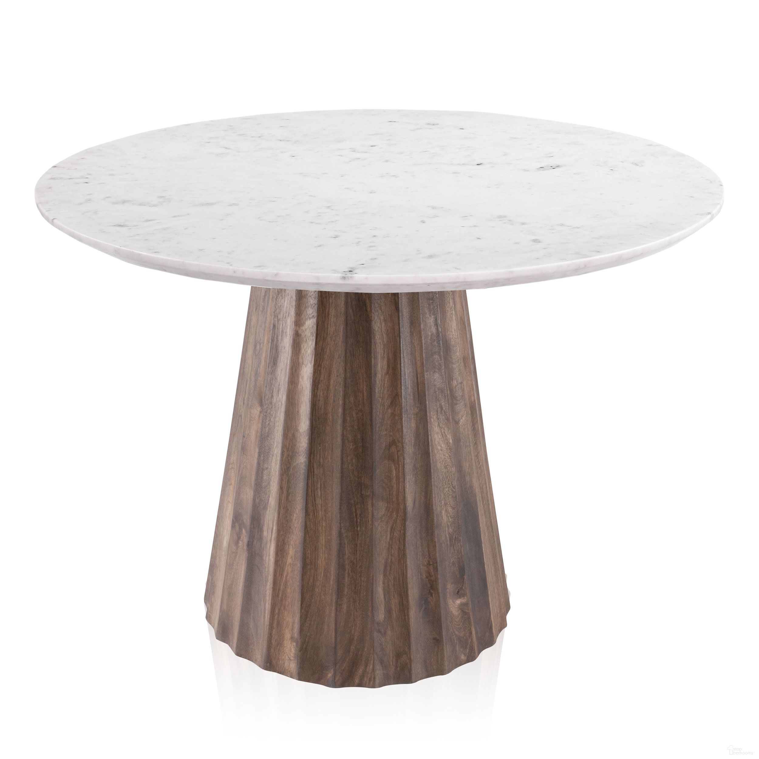 The appearance of Nalani 42 Inch Dining Table In White and Brown designed by Gild Design House in the transitional interior design. This white/brown piece of furniture  was selected by 1StopBedrooms from Naveen Collection to add a touch of cosiness and style into your home. Sku: 0F-00IIF. Table Base Style: Pedestal. Table Top Shape: Round. Size: 42". Material: Mango Wood.