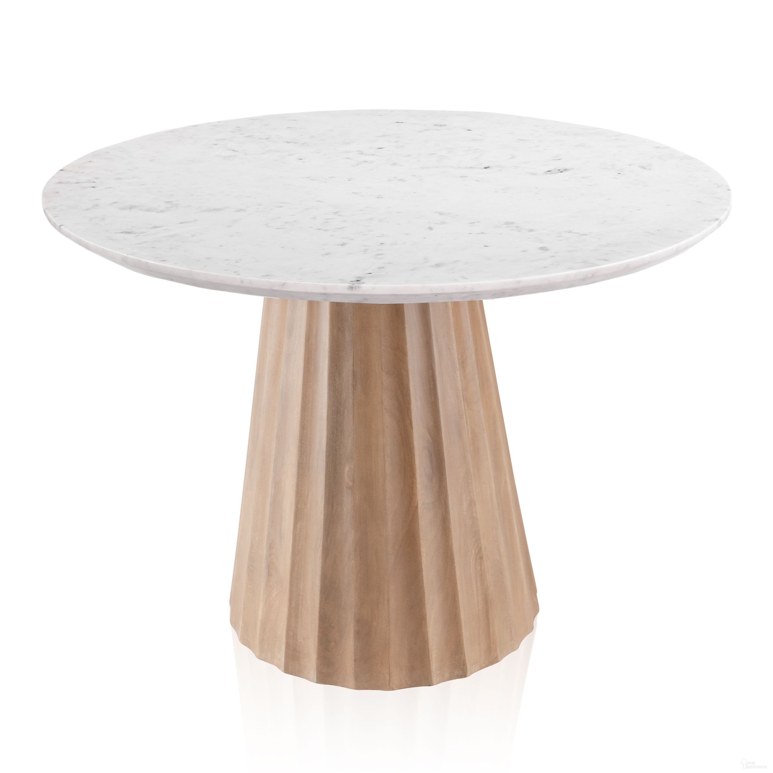 The appearance of Nalani 42 Inch Dining Table In White and Natural designed by Gild Design House in the transitional interior design. This white/natural piece of furniture  was selected by 1StopBedrooms from Naveen Collection to add a touch of cosiness and style into your home. Sku: 0F-00IIG. Table Base Style: Pedestal. Table Top Shape: Round. Size: 42". Material: Mango Wood.