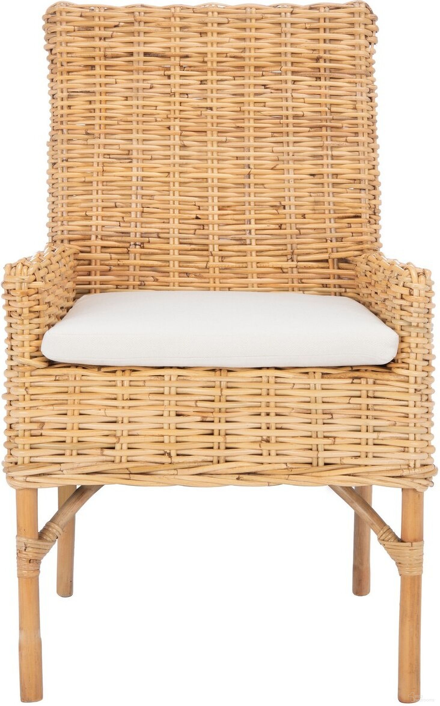 The appearance of Nancy Rattan Accent Chair with Cushion in Natural and White designed by Safavieh in the modern / contemporary interior design. This natural/white piece of furniture was selected by 1StopBedrooms from Nancy Collection to add a touch of cosiness and style into your home. Sku: ACH6518B. Material: Rattan.