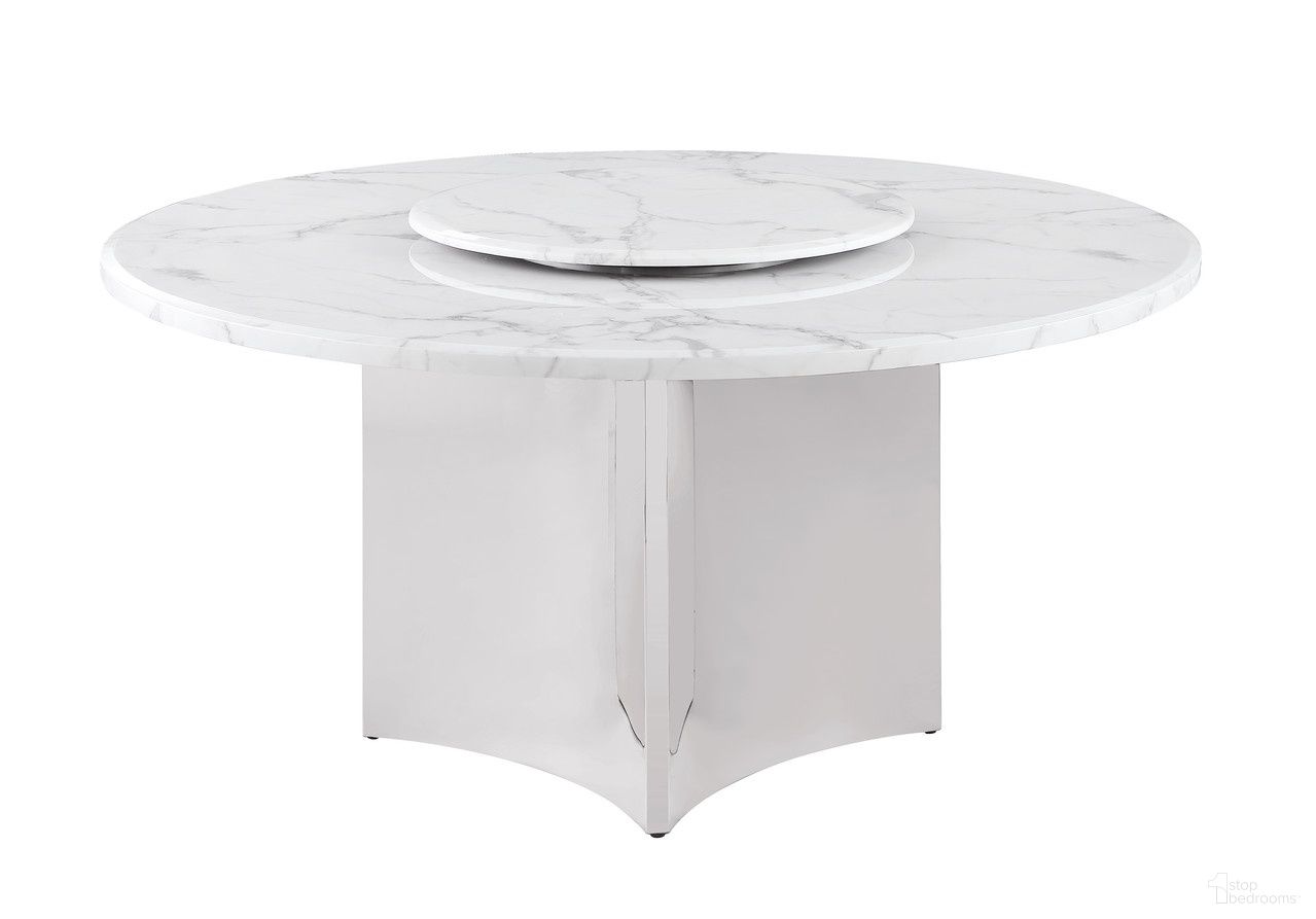 The appearance of Nani 60 Inch Round Dining Table in White and Silver designed by Best Quality Furniture in the glam interior design. This white/silver piece of furniture  was selected by 1StopBedrooms from Nani Collection to add a touch of cosiness and style into your home. Sku: D464-DTT;D464-DTB;D464-LS. Table Base Style: Legs. Table Top Shape: Round. Material: Marble. Size: 60".