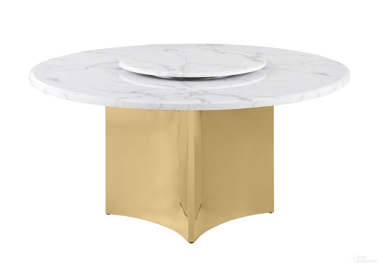 The appearance of Nani 60 Inch Round Marble Dining Table in White and Gold designed by Best Quality Furniture in the glam interior design. This white/gold piece of furniture  was selected by 1StopBedrooms from Nani Collection to add a touch of cosiness and style into your home. Sku: D465-DTT;D465-DTB;D465-LS. Table Base Style: Legs. Table Top Shape: Round. Material: Marble. Size: 60".