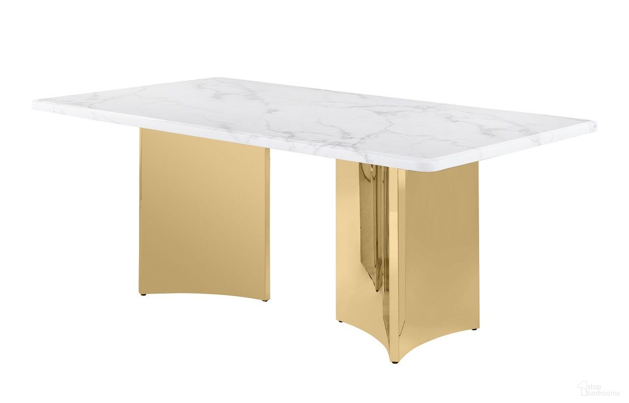 The appearance of Nani 72 Inch Marble Rectangular Dining Table in White and Gold designed by Best Quality Furniture in the glam interior design. This white/gold piece of furniture  was selected by 1StopBedrooms from Nani Collection to add a touch of cosiness and style into your home. Sku: D461-DTT;D461-DTB. Table Base Style: Legs. Material: Marble. Table Top Shape: Rectangular. Size: 40" x 76.5".