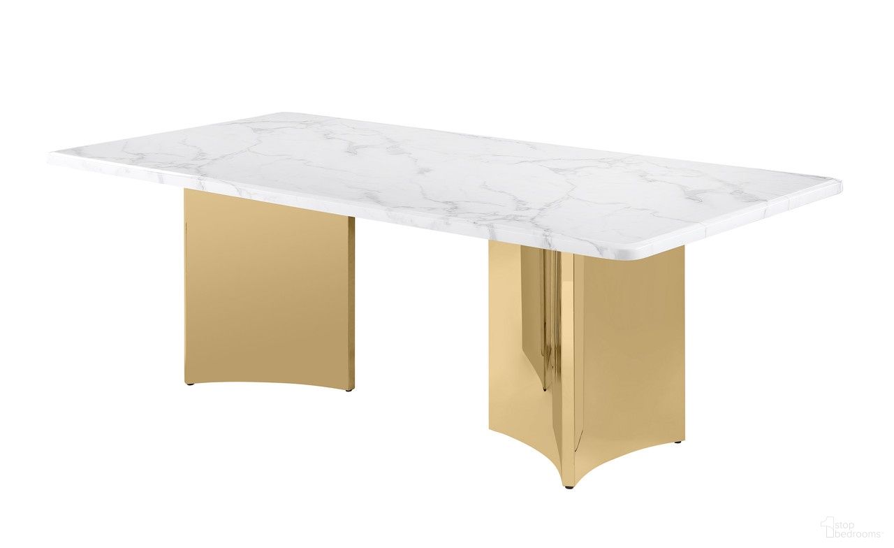 The appearance of Nani 87 Inch Marble Rectangular Dining Table in White and Gold designed by Best Quality Furniture in the glam interior design. This white/gold piece of furniture  was selected by 1StopBedrooms from Nani Collection to add a touch of cosiness and style into your home. Sku: D463-DTT;D463-DTB. Table Base Style: Legs. Material: Marble. Table Top Shape: Rectangular. Size: 42" x 87".