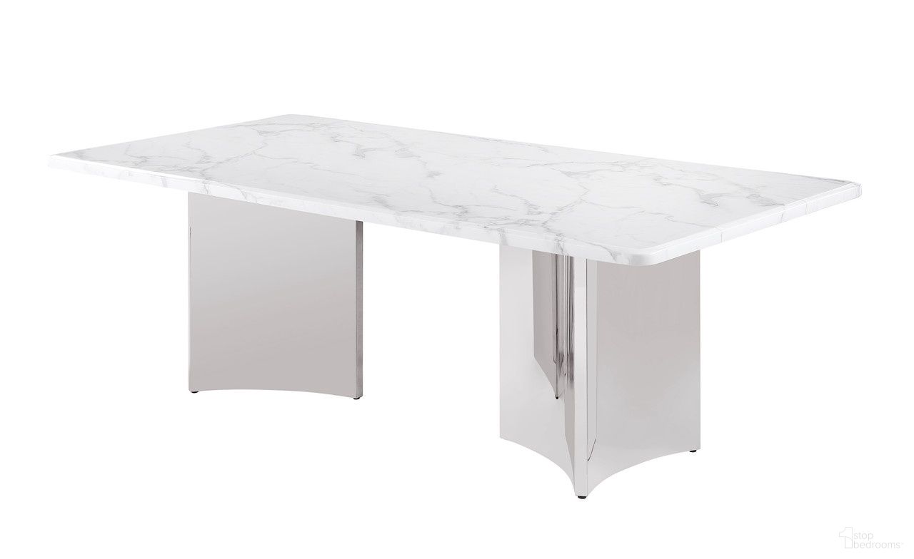 The appearance of Nani 87 Inch Rectangular Dining Table in White and Silver designed by Best Quality Furniture in the glam interior design. This white/silver piece of furniture  was selected by 1StopBedrooms from Nani Collection to add a touch of cosiness and style into your home. Sku: D462-DTT;D462-DTB. Table Base Style: Legs. Material: Marble. Table Top Shape: Rectangular. Size: 42" x 87".