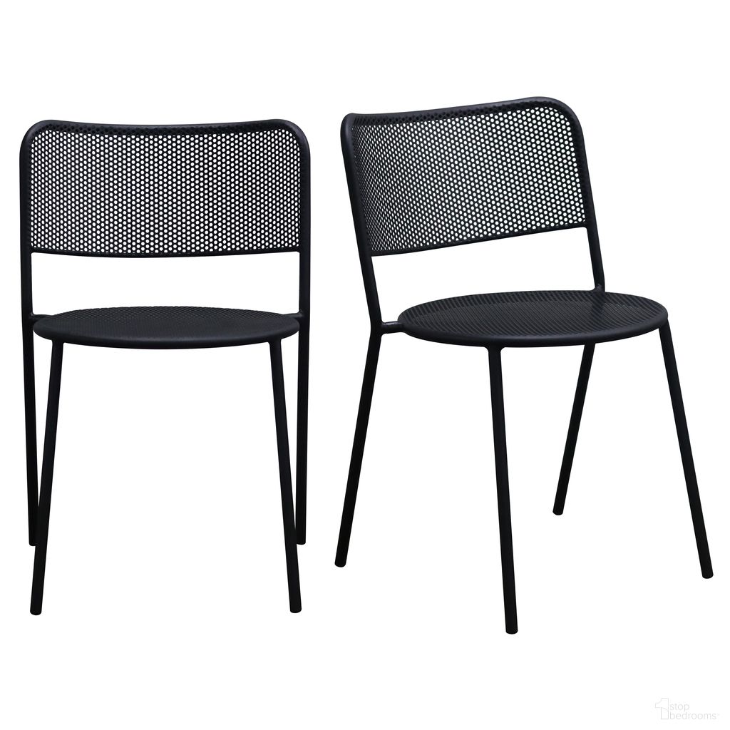 The appearance of Nansen Stackable Outdoor Side Chair Set of 2 In Black designed by Euro Style in the modern / contemporary interior design. This black piece of furniture was selected by 1StopBedrooms from Nansen Collection to add a touch of cosiness and style into your home. Sku: 90770-BLK. Material: Steel.