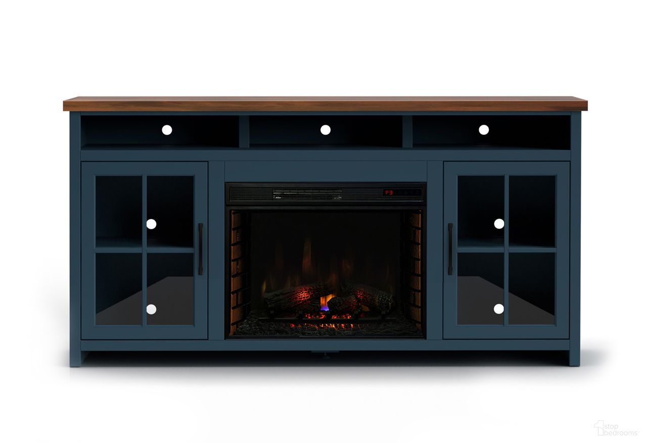 The appearance of Nantucket 74 Inch Fireplace TV Stand Console In Blue Denim and Whiskey designed by Legends Home in the country / farmhouse interior design. This blue denim/whiskey piece of furniture  was selected by 1StopBedrooms from Nantucket Collection to add a touch of cosiness and style into your home. Sku: NT5110E.BWK. Material: Poplar Solid.