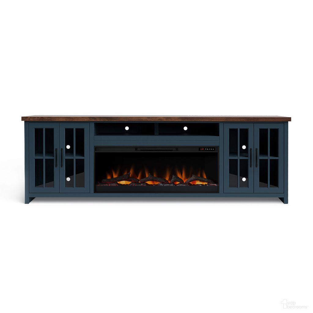 The appearance of Nantucket 97 Inch Fireplace TV Stand Console In Blue Denim and Whiskey designed by Legends Home in the country / farmhouse interior design. This blue denim/whiskey piece of furniture  was selected by 1StopBedrooms from Nantucket Collection to add a touch of cosiness and style into your home. Sku: NT5410E.BWK. Material: Poplar Solid.