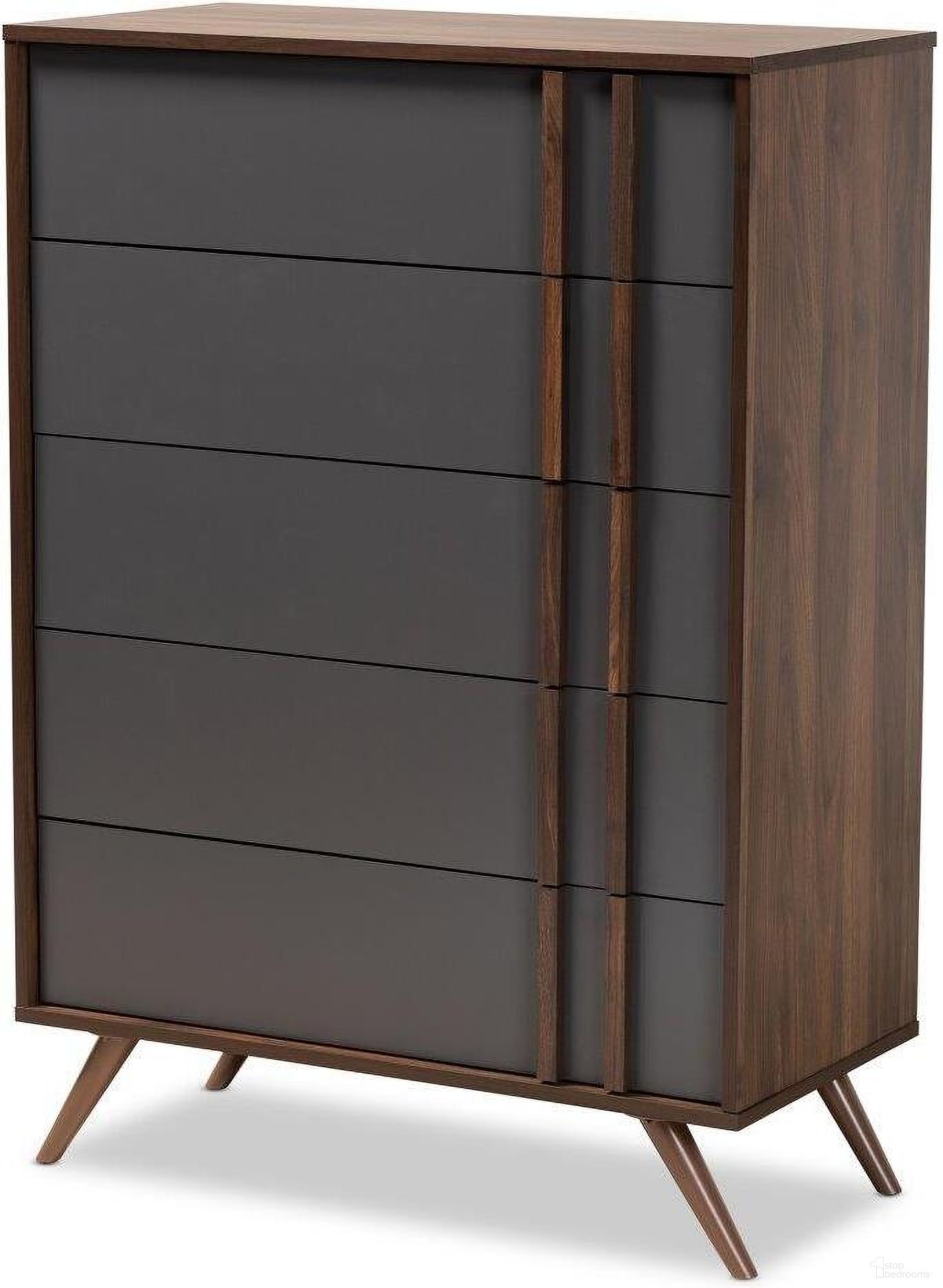 Naoki Modern and Contemporary Two-Tone Grey and Walnut Finished Wood 5-Drawer Bedroom Chest