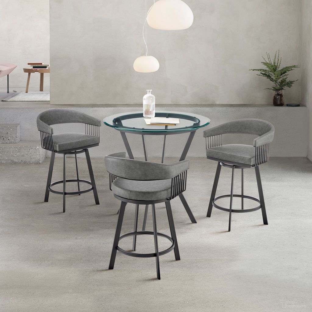 The appearance of Naomi and Chelsea 4-Piece Counter Height Dining Set In Black Metal and Gray Faux Leather designed by Armen Living in the modern / contemporary interior design. This matte black piece of furniture was selected by 1StopBedrooms from Naomi and Chelsea Collection to add a touch of cosiness and style into your home. Sku: LCCSBAMBVG26;LCCSBAMBVG26;LCCSBAMBVG26;LCNMDIMBBASE;LCNMDIGLTOP. Material: Metal.