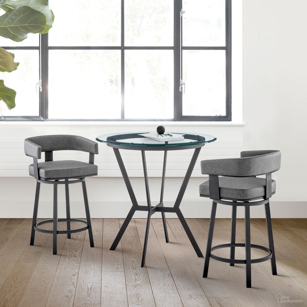 The appearance of Naomi and Lorin 3-Piece Counter Height Dining Set In Black Metal and Gray Faux Leather designed by Armen Living in the modern / contemporary interior design. This matte black piece of furniture  was selected by 1StopBedrooms from Naomi and Lorin Collection to add a touch of cosiness and style into your home. Sku: LCLRBAMBVG26;LCLRBAMBVG26;LCNMDIMBBASE;LCNMDIGLTOP. Material: Metal.