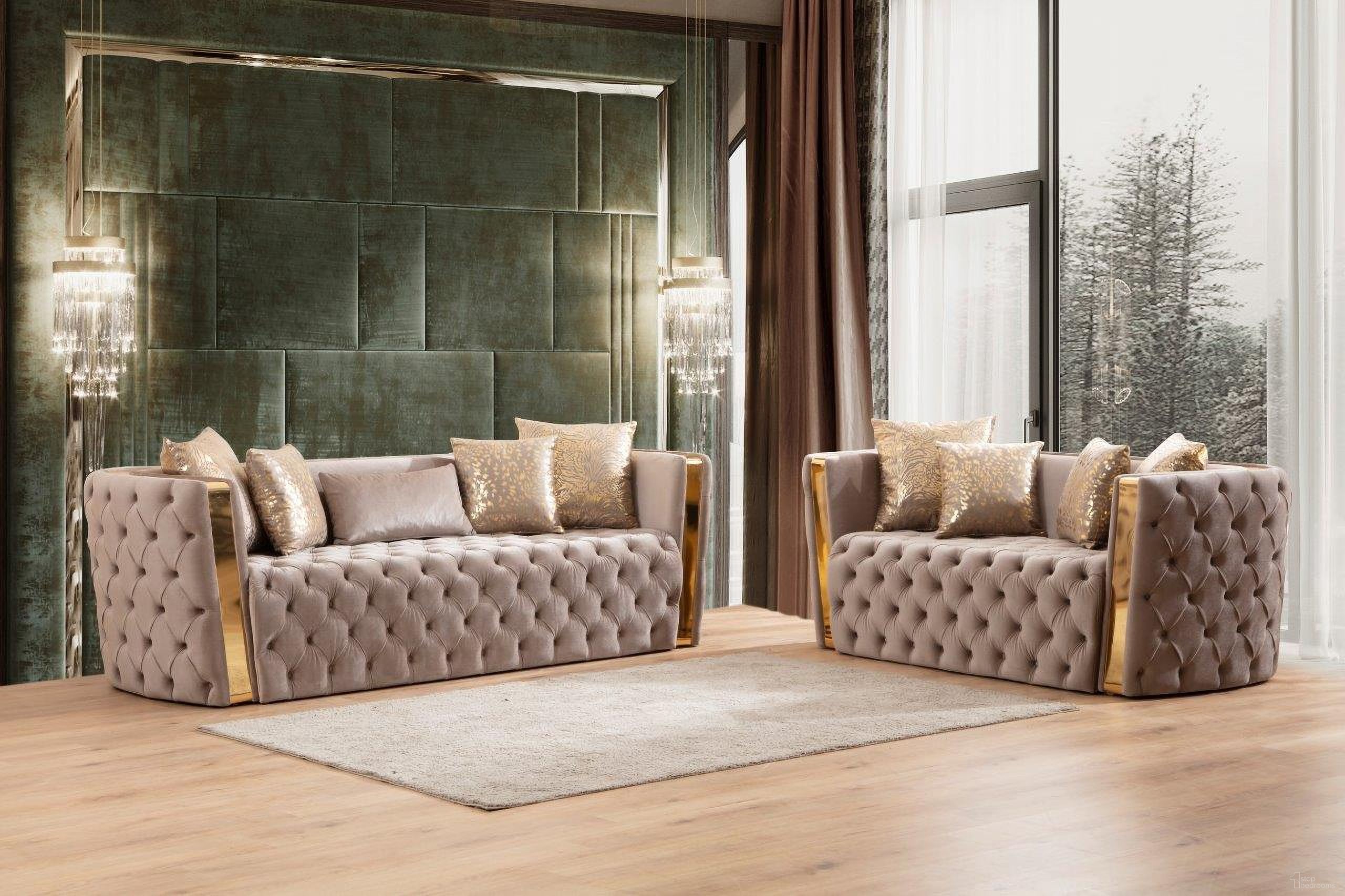 The appearance of Naomi Button Tufted 2 PC Set With Velvet Fabric And Gold Accent In Off White designed by Galaxy Home Furnishings in the modern / contemporary interior design. This beige piece of furniture was selected by 1StopBedrooms from Naomi Collection to add a touch of cosiness and style into your home. Sku: 698781418628;698781396773. Material: Velvet.