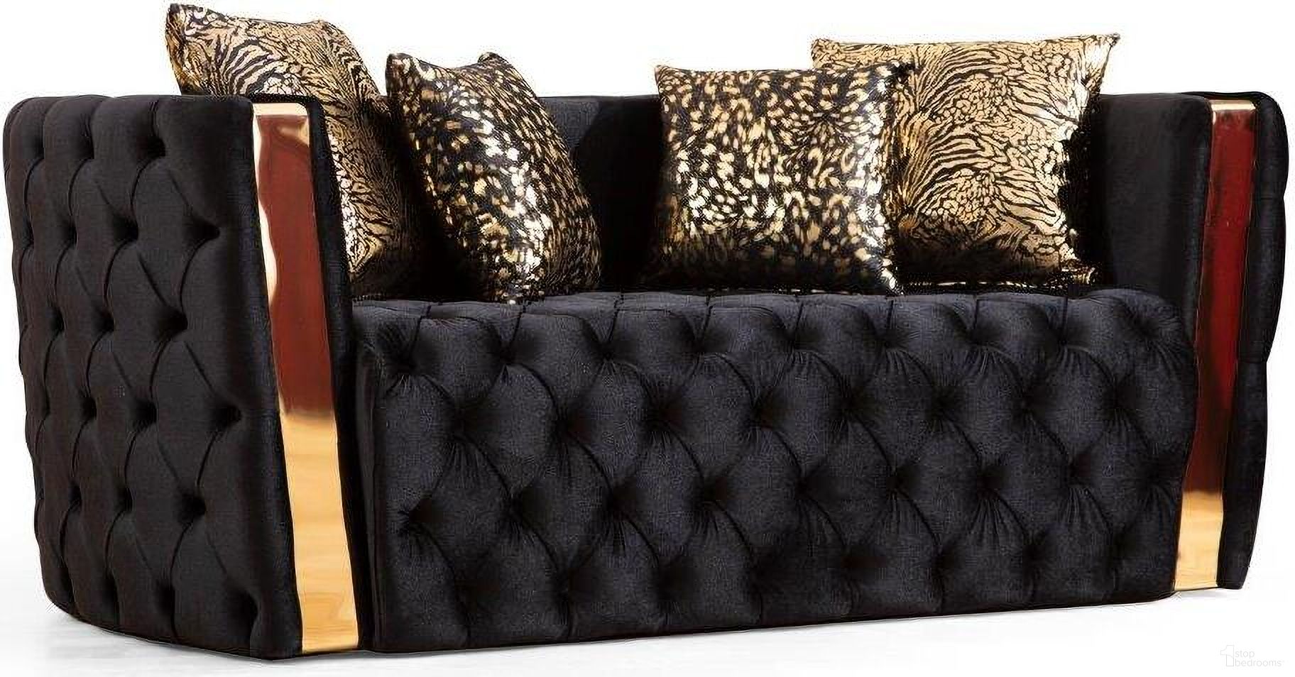 The appearance of Naomi Button Tufted Loveseat With Velvet Fabric And Gold Accent In Black designed by Galaxy Home Furnishings in the modern / contemporary interior design. This black piece of furniture was selected by 1StopBedrooms from Naomi Collection to add a touch of cosiness and style into your home. Sku: 698781152317. Material: Velvet.