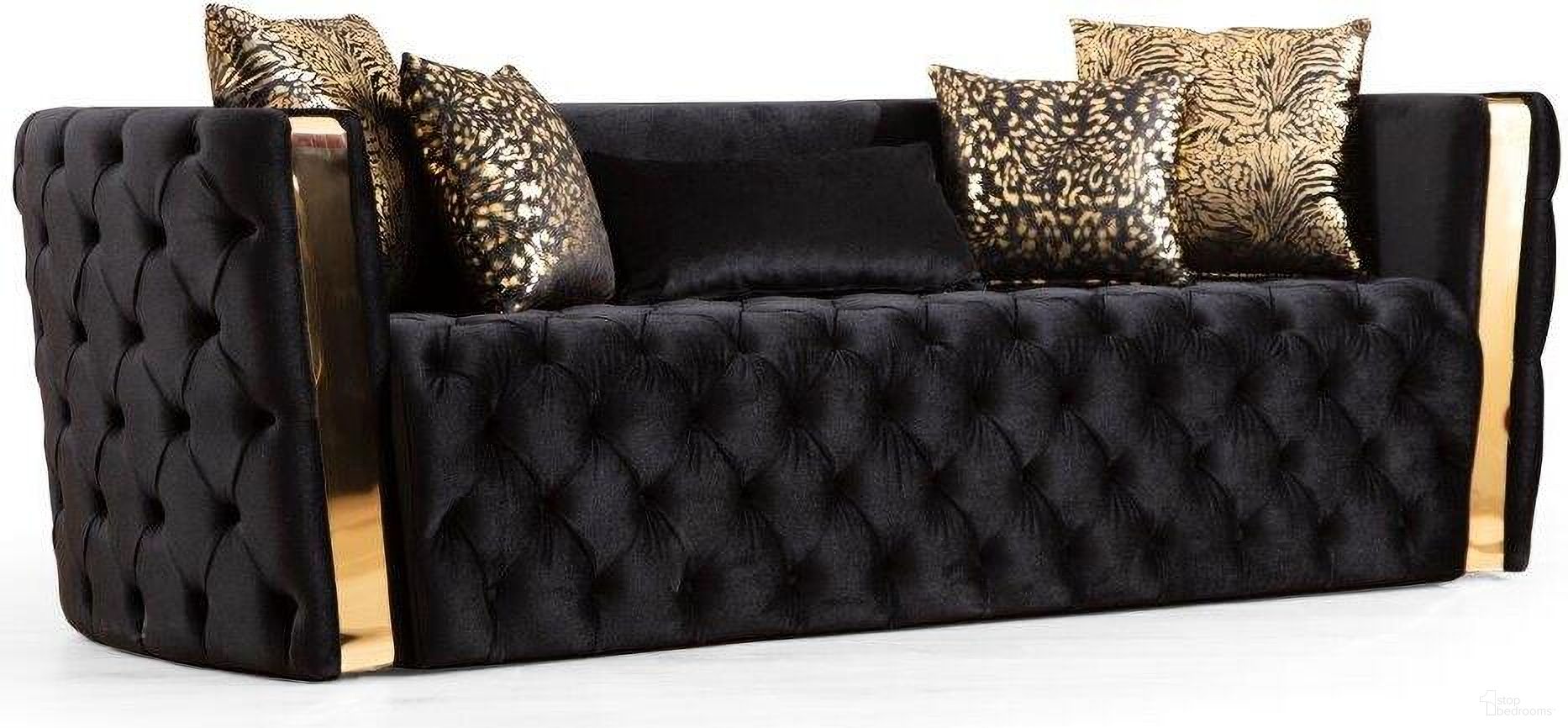 The appearance of Naomi Button Tufted Sofa Finished With Velvet Fabric And Gold Accent In Black designed by Galaxy Home Furnishings in the modern / contemporary interior design. This black piece of furniture was selected by 1StopBedrooms from Naomi Collection to add a touch of cosiness and style into your home. Sku: 698781329221. Material: Velvet.