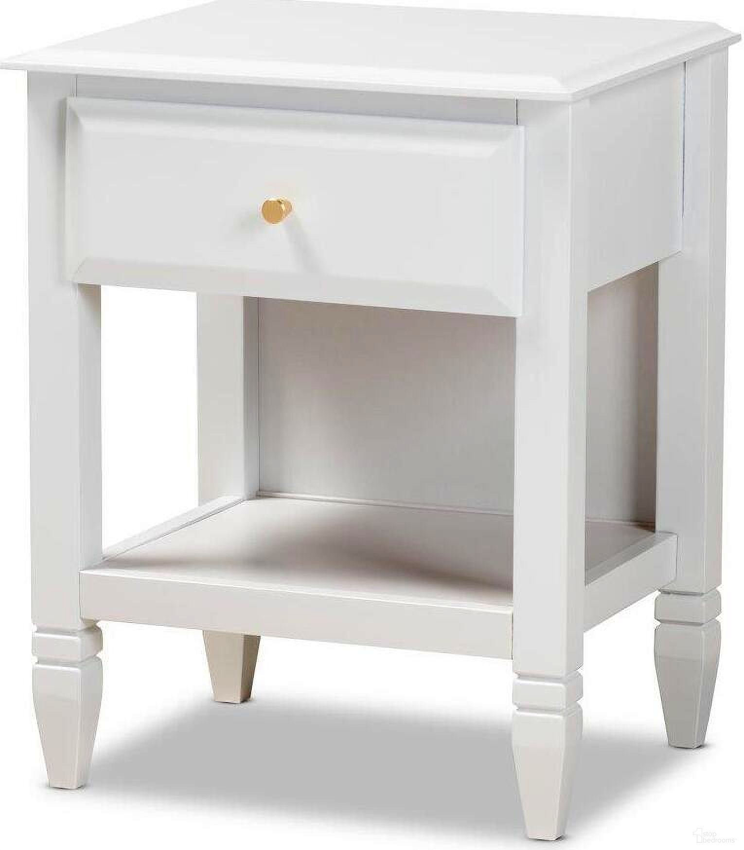 The appearance of Naomi Classic and Transitional White Finished Wood 1-Drawer Bedroom Nightstand designed by Baxton Studio in the transitional interior design. This white piece of furniture  was selected by 1StopBedrooms from Naomi Collection to add a touch of cosiness and style into your home. Sku: MG0038-White-NS. Material: Rubberwood.
