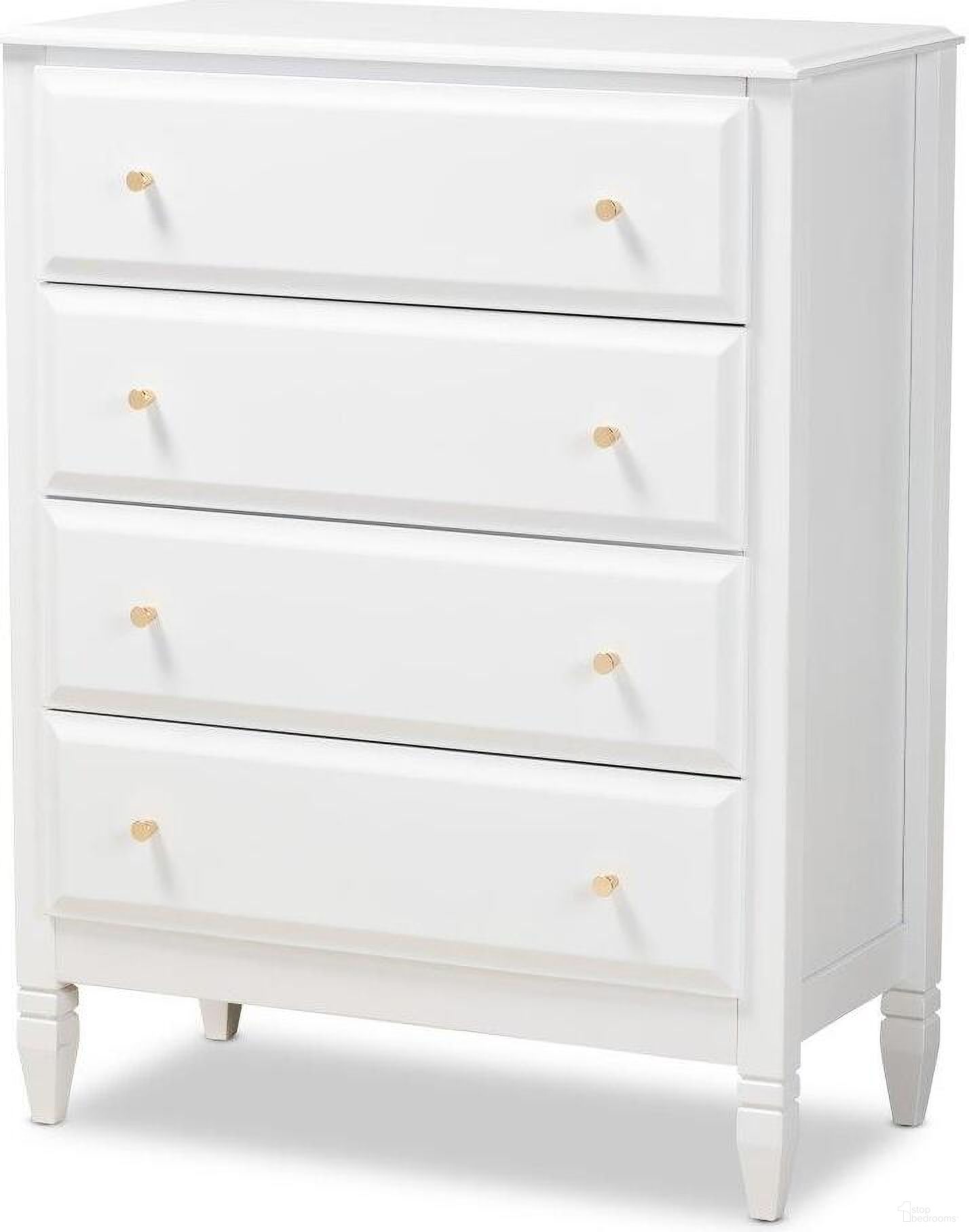 The appearance of Naomi Classic and Transitional White Finished Wood 4-Drawer Bedroom Chest designed by Baxton Studio in the transitional interior design. This white piece of furniture was selected by 1StopBedrooms from Naomi Collection to add a touch of cosiness and style into your home. Sku: MG0038-White-4DW-Chest. Material: Rubberwood.