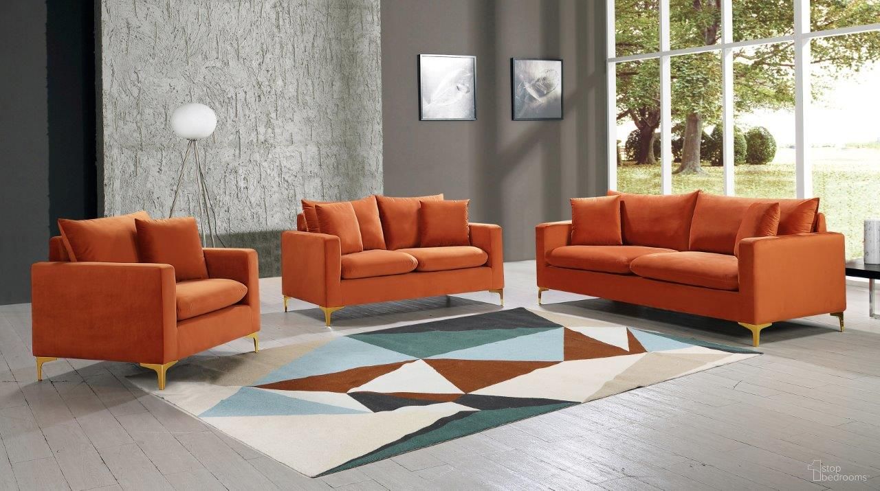 The appearance of Naomi Living Room Set In Cognac designed by Meridian in the modern / contemporary interior design. This cognac piece of furniture  was selected by 1StopBedrooms from Naomi Collection to add a touch of cosiness and style into your home. Sku: 633Cognac-S;633Cognac-L. Material: Velvet.