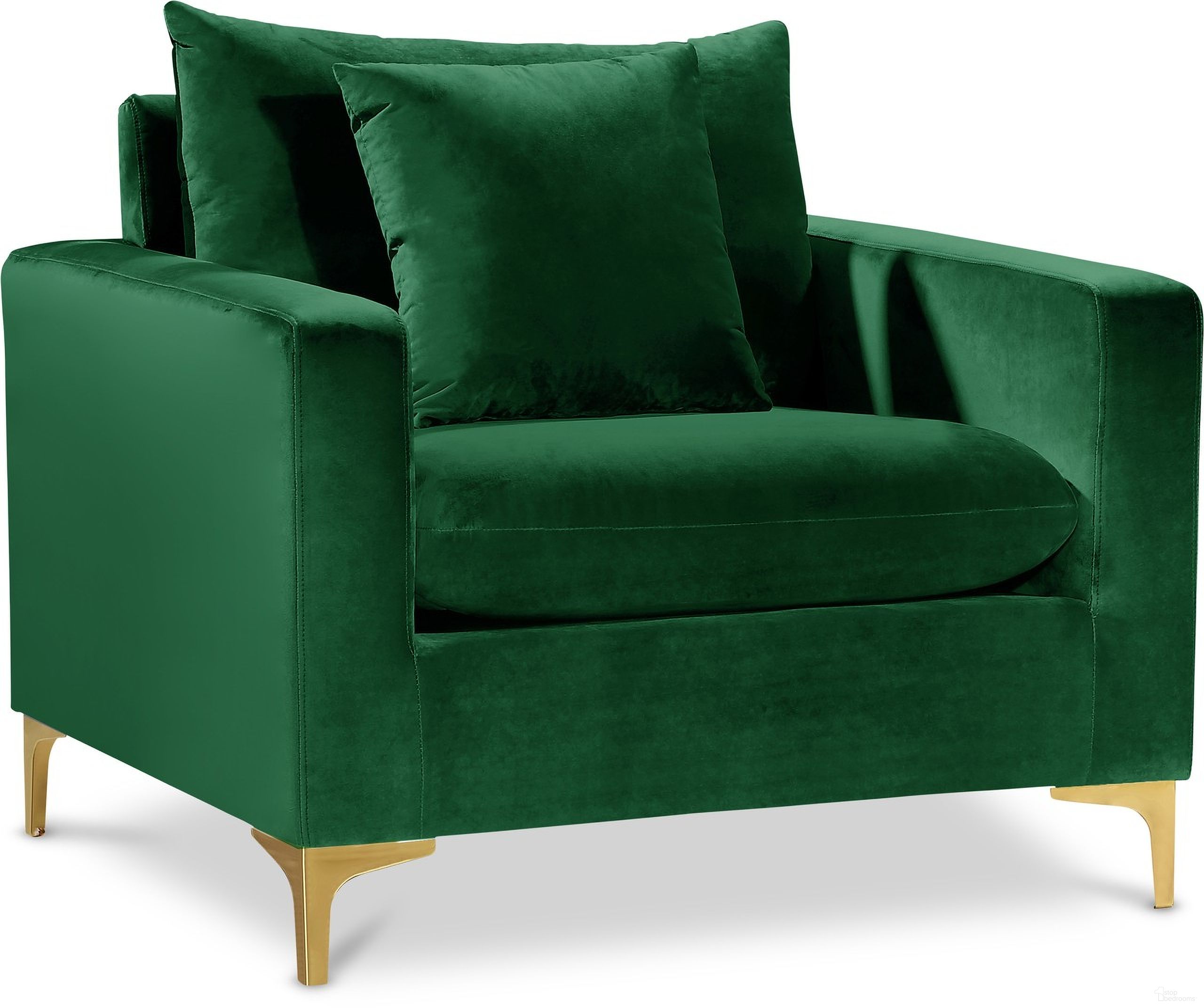 The appearance of Naomi Velvet Chair In Green designed by Meridian in the modern / contemporary interior design. This green piece of furniture was selected by 1StopBedrooms from Naomi Collection to add a touch of cosiness and style into your home. Sku: 633Green-C. Material: Velvet.