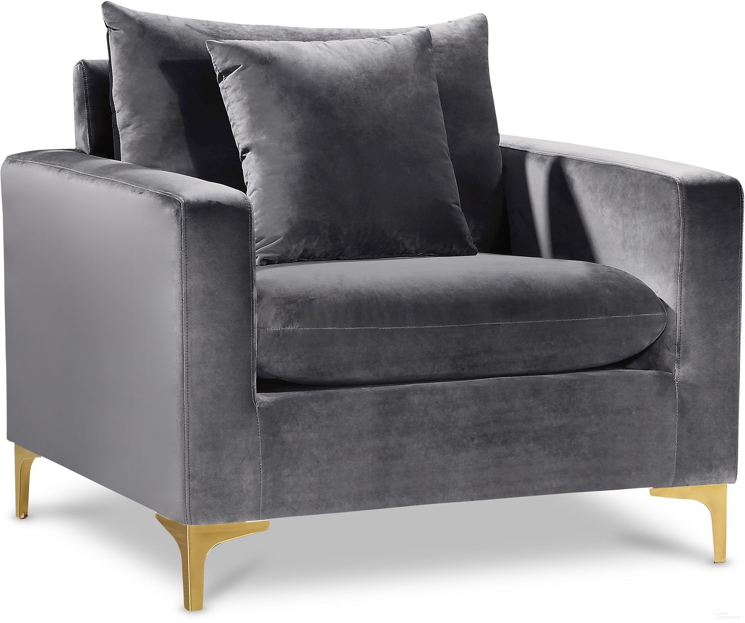 The appearance of Naomi Velvet Chair In Grey designed by Meridian in the modern / contemporary interior design. This grey piece of furniture was selected by 1StopBedrooms from Naomi Collection to add a touch of cosiness and style into your home. Sku: 633Grey-C. Material: Velvet.