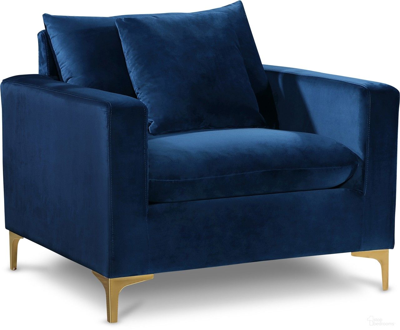 The appearance of Naomi Velvet Chair In Navy designed by Meridian in the modern / contemporary interior design. This navy piece of furniture  was selected by 1StopBedrooms from Naomi Collection to add a touch of cosiness and style into your home. Sku: 633Navy-C. Material: Velvet.