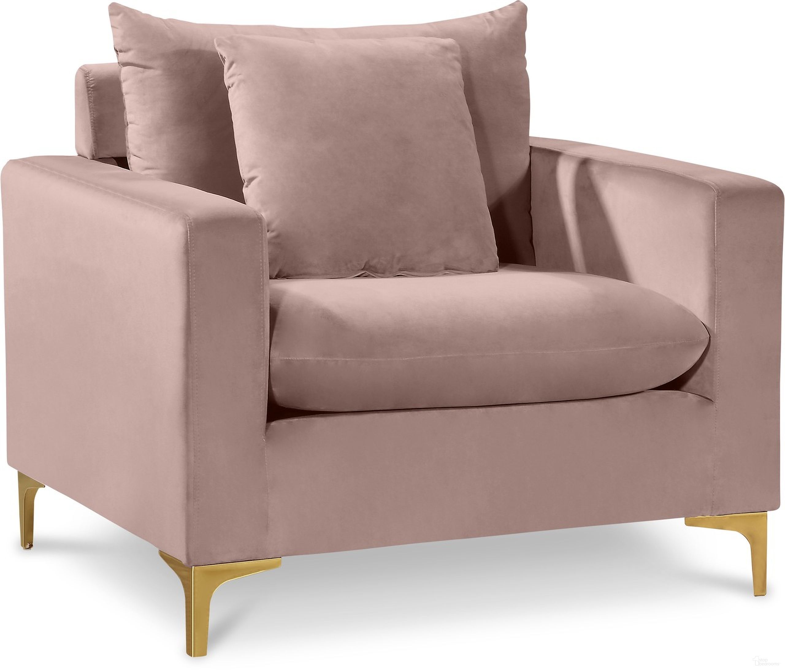 The appearance of Naomi Velvet Chair In Pink designed by Meridian in the modern / contemporary interior design. This pink piece of furniture was selected by 1StopBedrooms from Naomi Collection to add a touch of cosiness and style into your home. Sku: 633Pink-C. Material: Velvet.