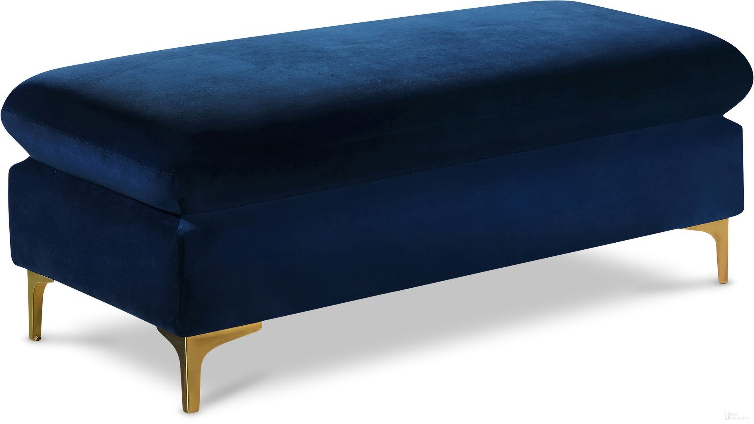The appearance of Naomi Velvet Ottoman In Navy designed by Meridian in the modern / contemporary interior design. This navy piece of furniture  was selected by 1StopBedrooms from Naomi Collection to add a touch of cosiness and style into your home. Sku: 636Navy-Ott. Material: Velvet.