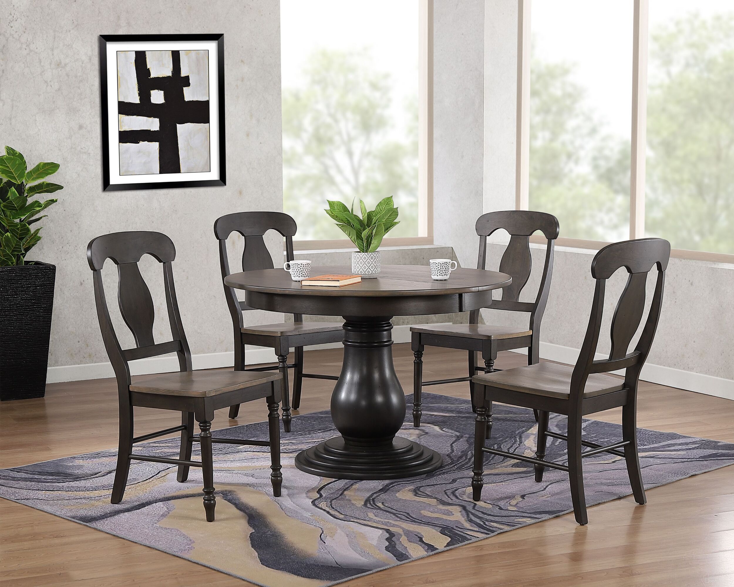 The appearance of Napoleon Back 5-Piece Bella Dining Set In Grey Stone and Black Stone designed by Iconic Furniture in the transitional interior design. This grey stone and black stone piece of furniture  was selected by 1StopBedrooms from Bella Collection to add a touch of cosiness and style into your home. Sku: RD45BELCH53GRSBKS-5PC. Table Base Style: Pedestal. Table Top Shape: Round. Material: Rubberwood.